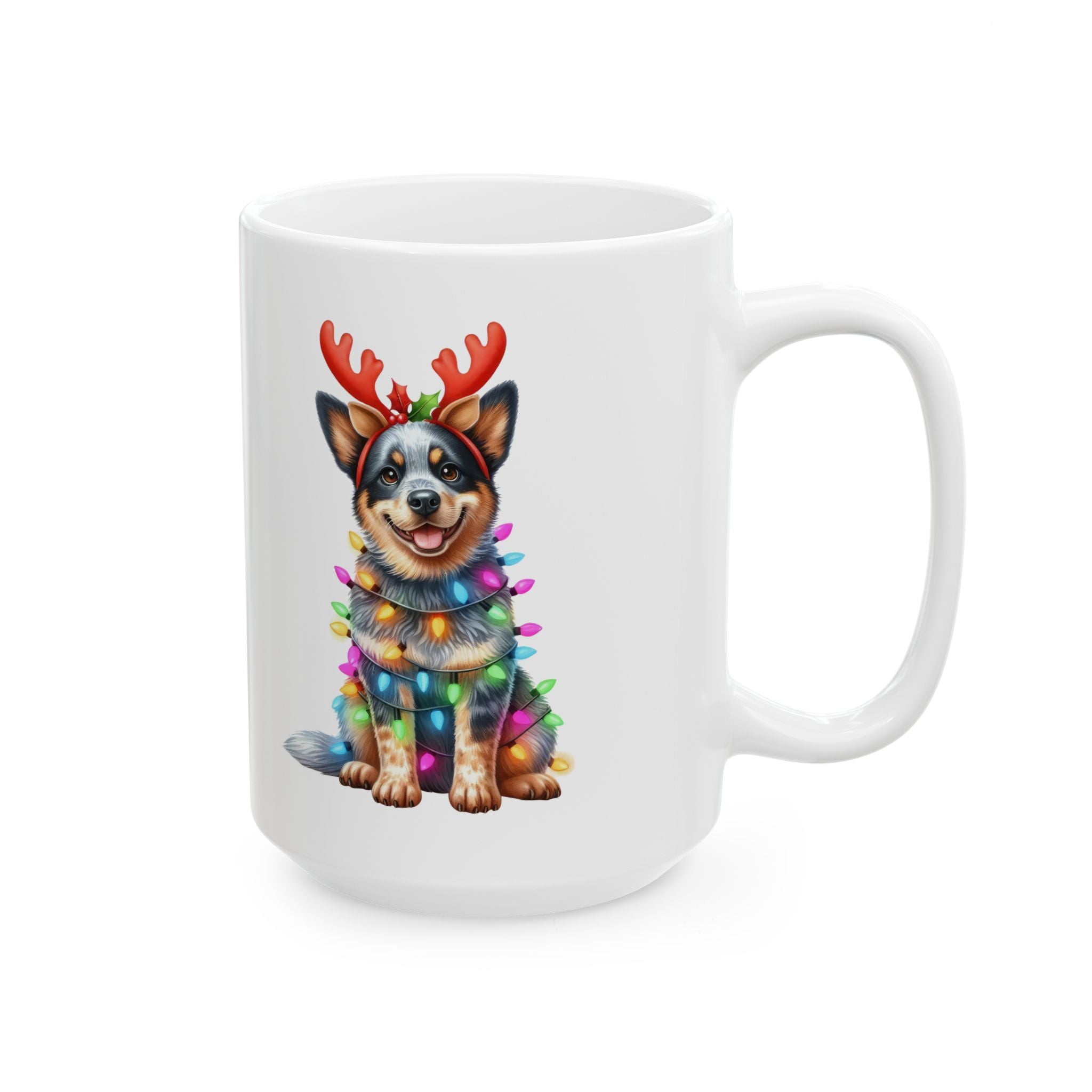 White ceramic mug with an Australian Cattle Dog wearing reindeer antlers and Christmas lights.