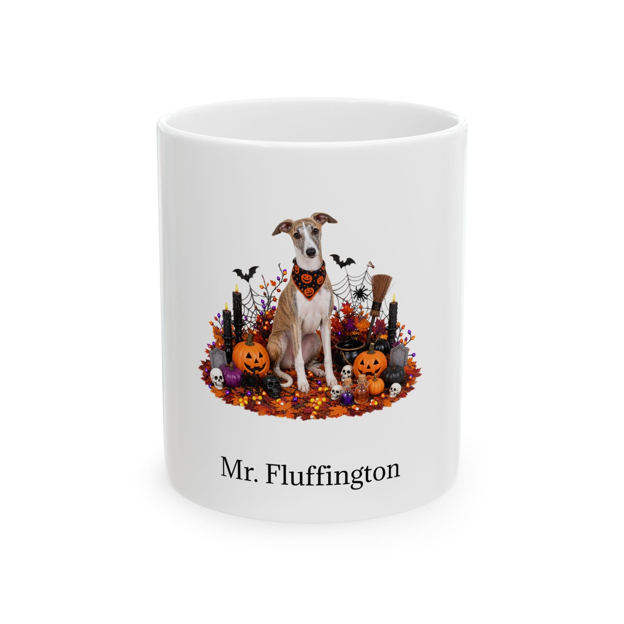 Personalized Whippet dog Halloween mug, 11oz white ceramic, with custom pet name on front