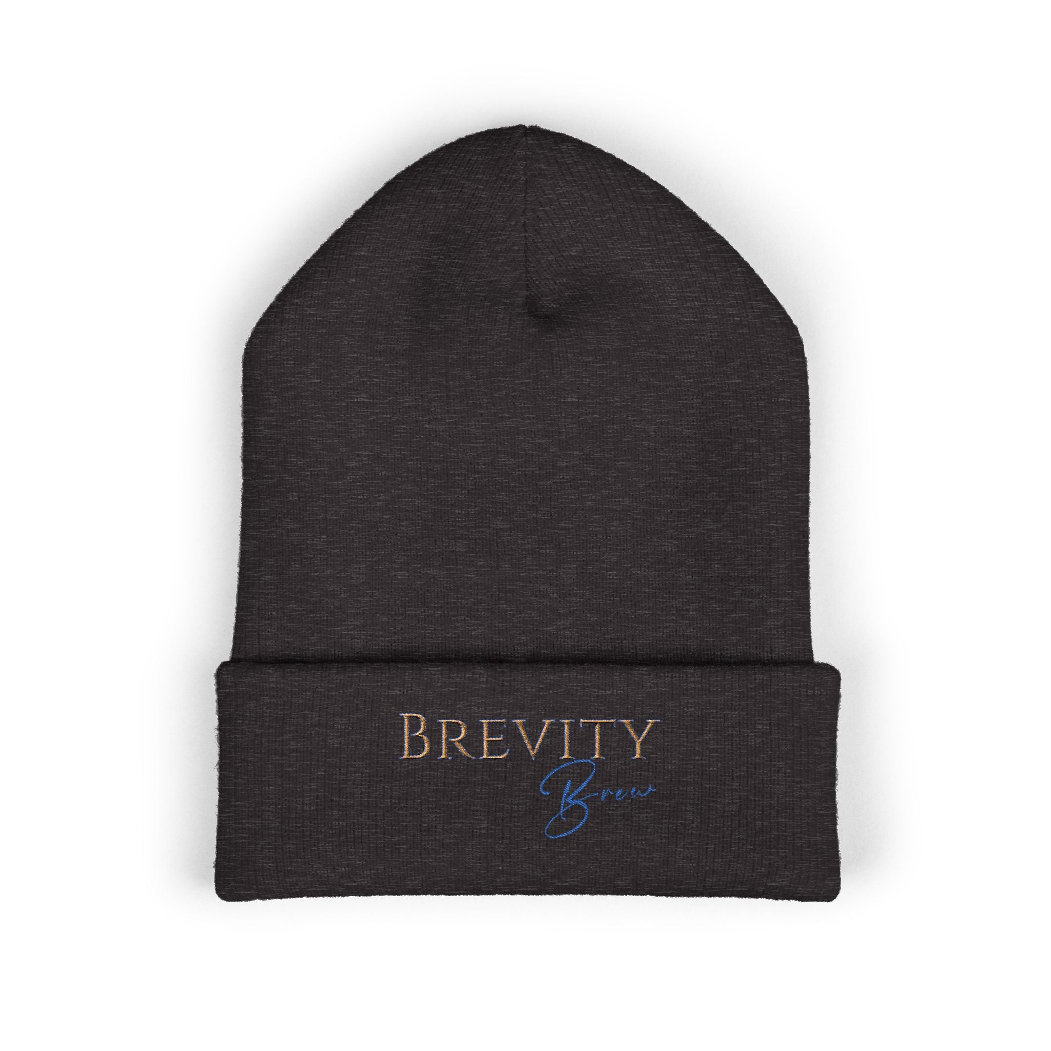 A dark grey cuffed beanie with "Brevity Brew" embroidered on the front.
