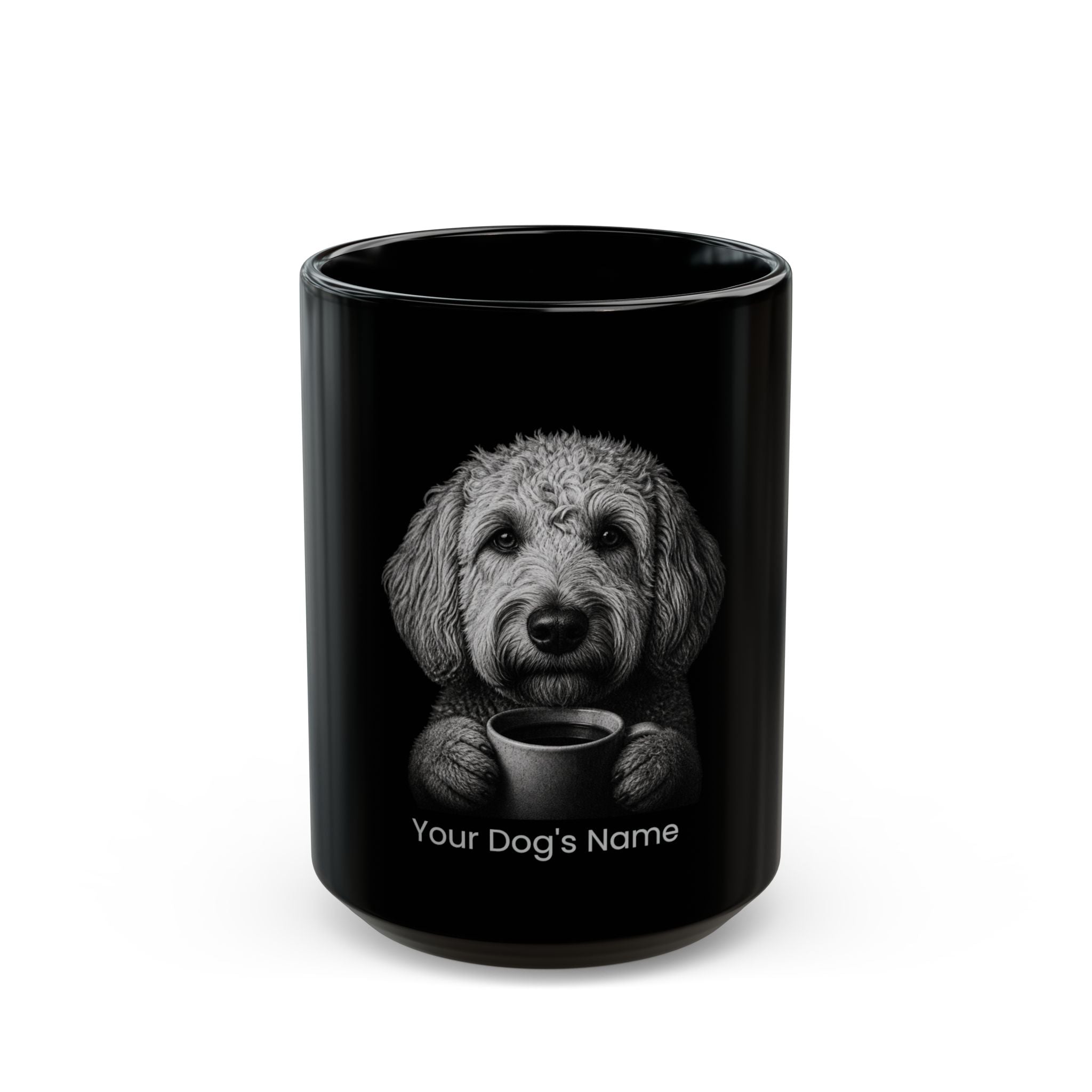 Personalized Labradoodle black ceramic coffee mug with custom dog name
