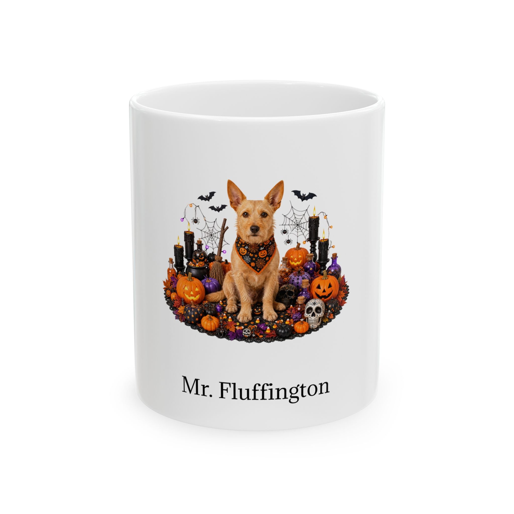 Personalized Portuguese Podengo Pequeno dog Halloween mug, 15oz white ceramic, with custom pet name on front