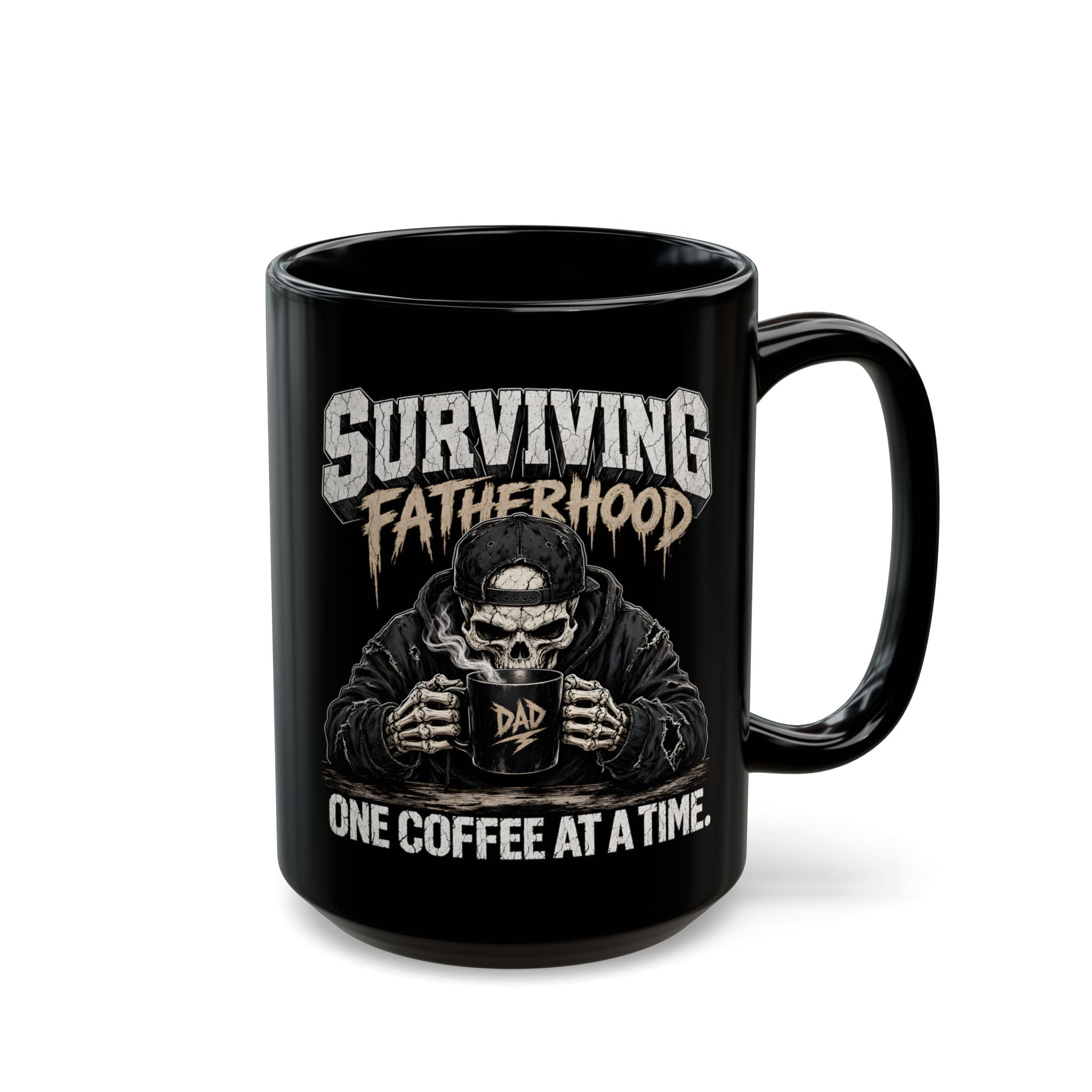 Black ceramic coffee mug featuring a skeleton wearing a hoodie and cap, holding a mug labeled DAD.