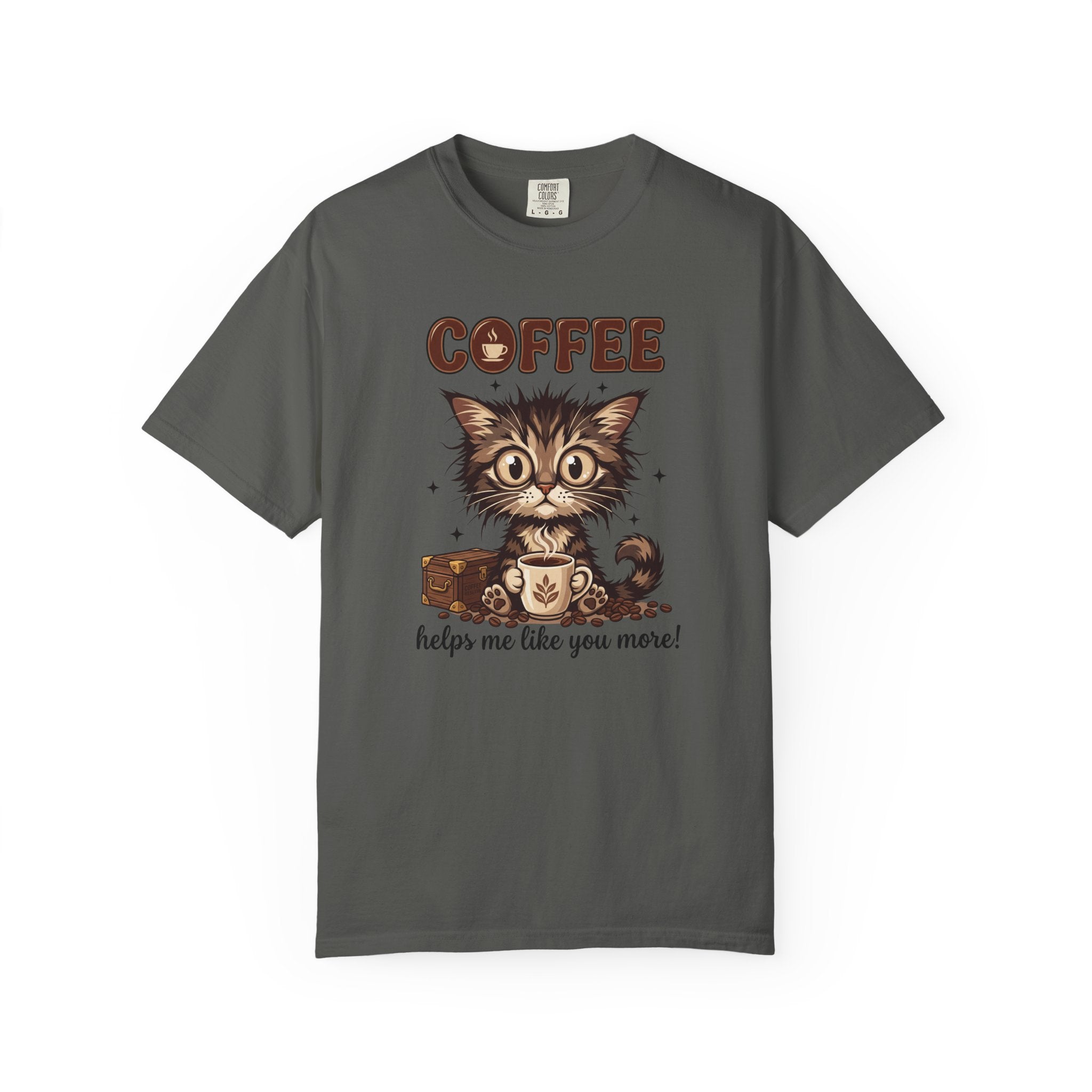 Dark gray unisex cotton t-shirt featuring a cute kitten holding a coffee mug with text.
