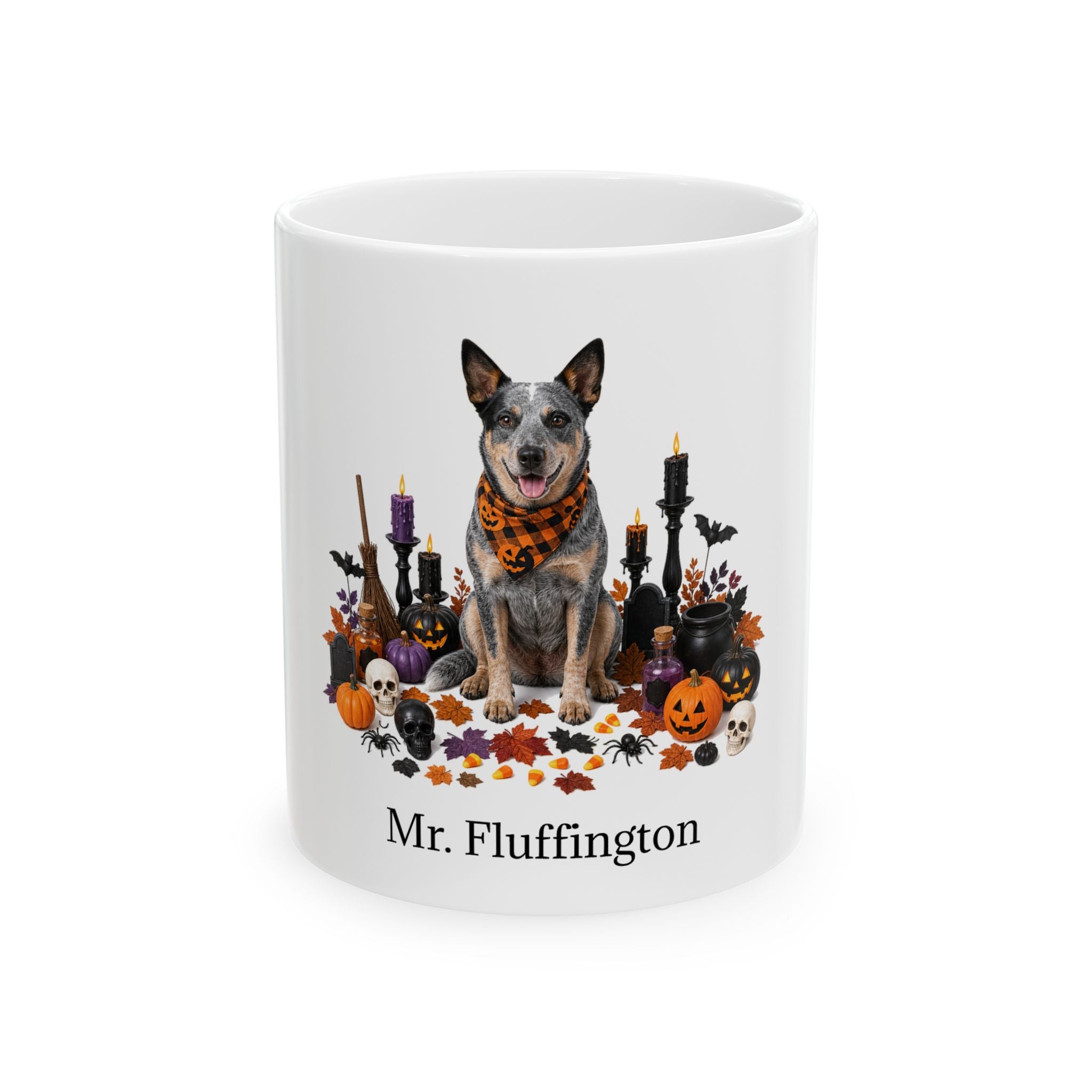 Personalized Australian Cattle Dog Halloween mug with custom dog name, front product view