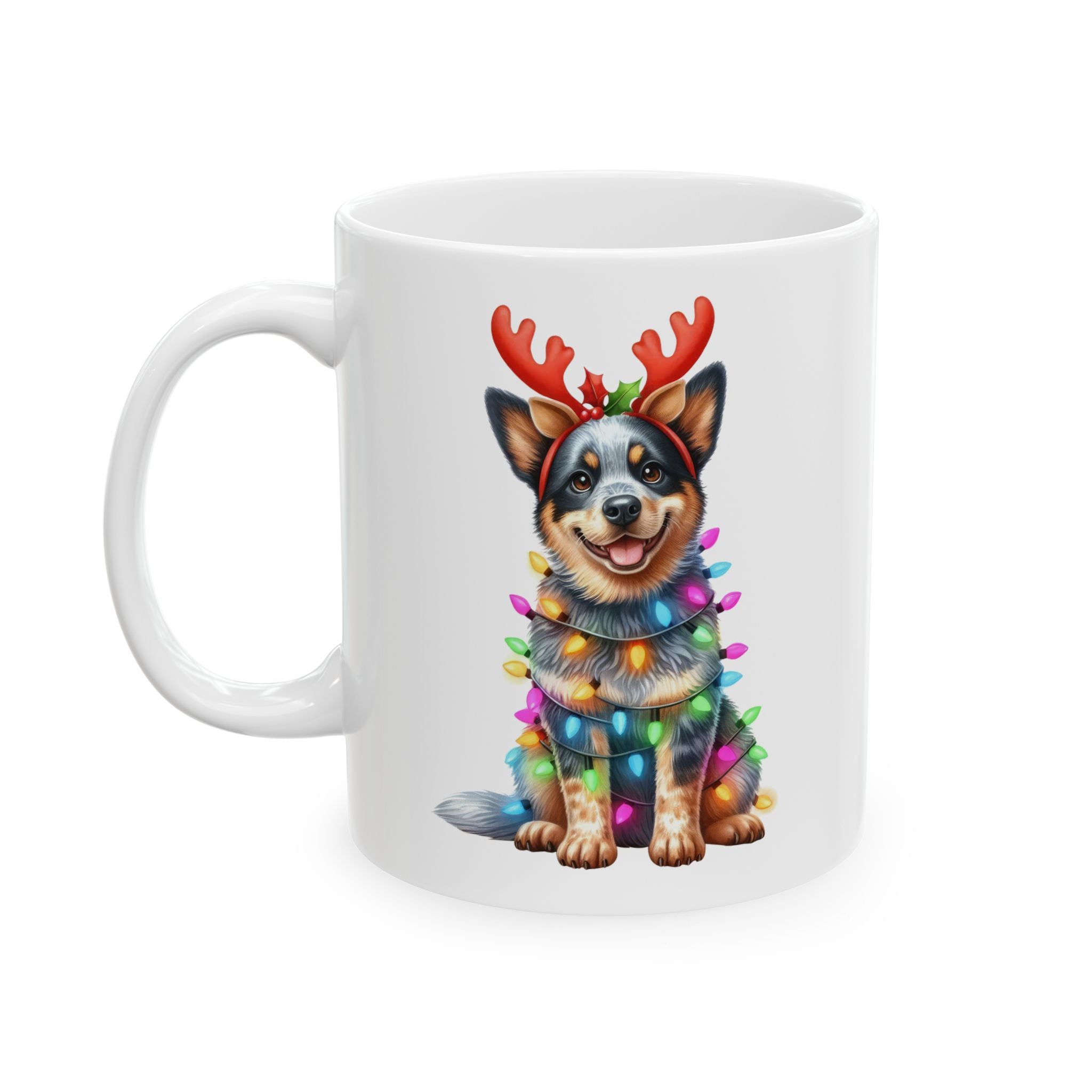 White ceramic mug with an Australian Cattle Dog wearing reindeer antlers and Christmas lights.