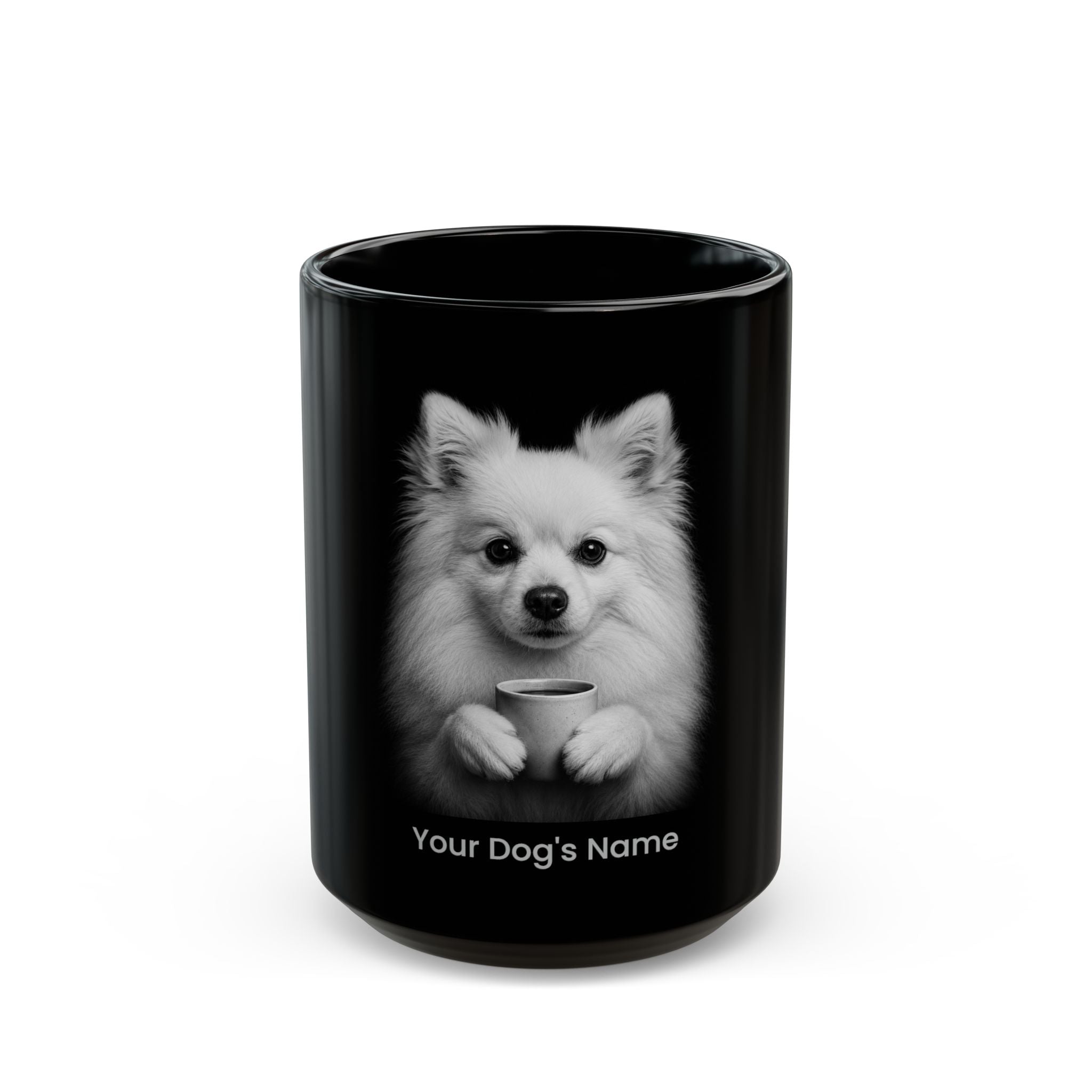 Personalized Volpino Italiano black ceramic coffee mug with custom dog name