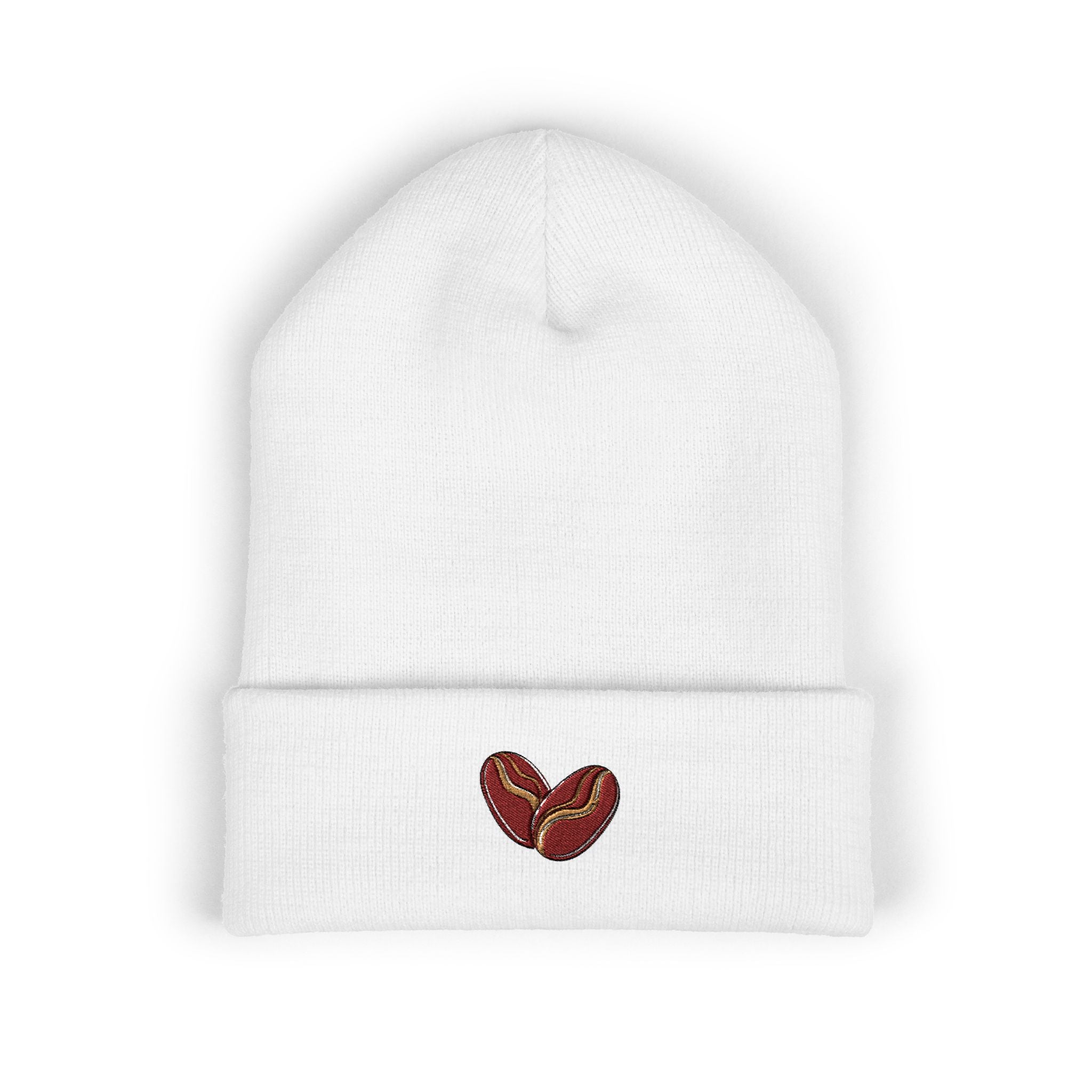White cuffed knit beanie with embroidered coffee beans on the cuff.
