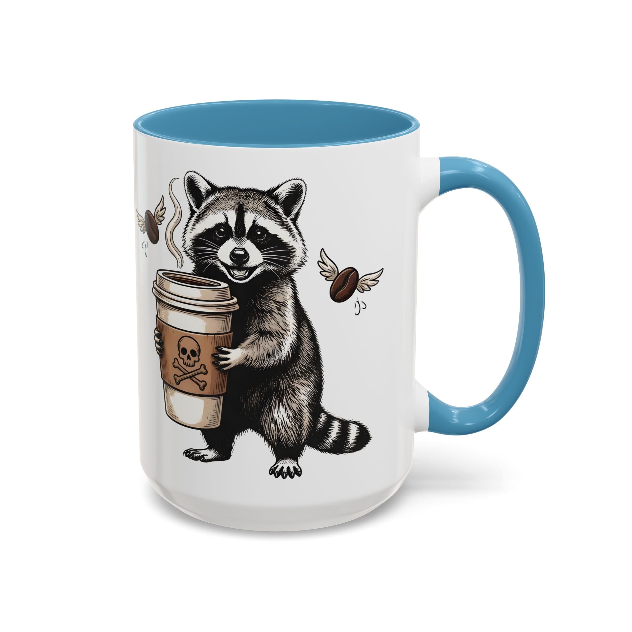 White ceramic mug with a blue handle and interior, featuring a raccoon holding a coffee cup.