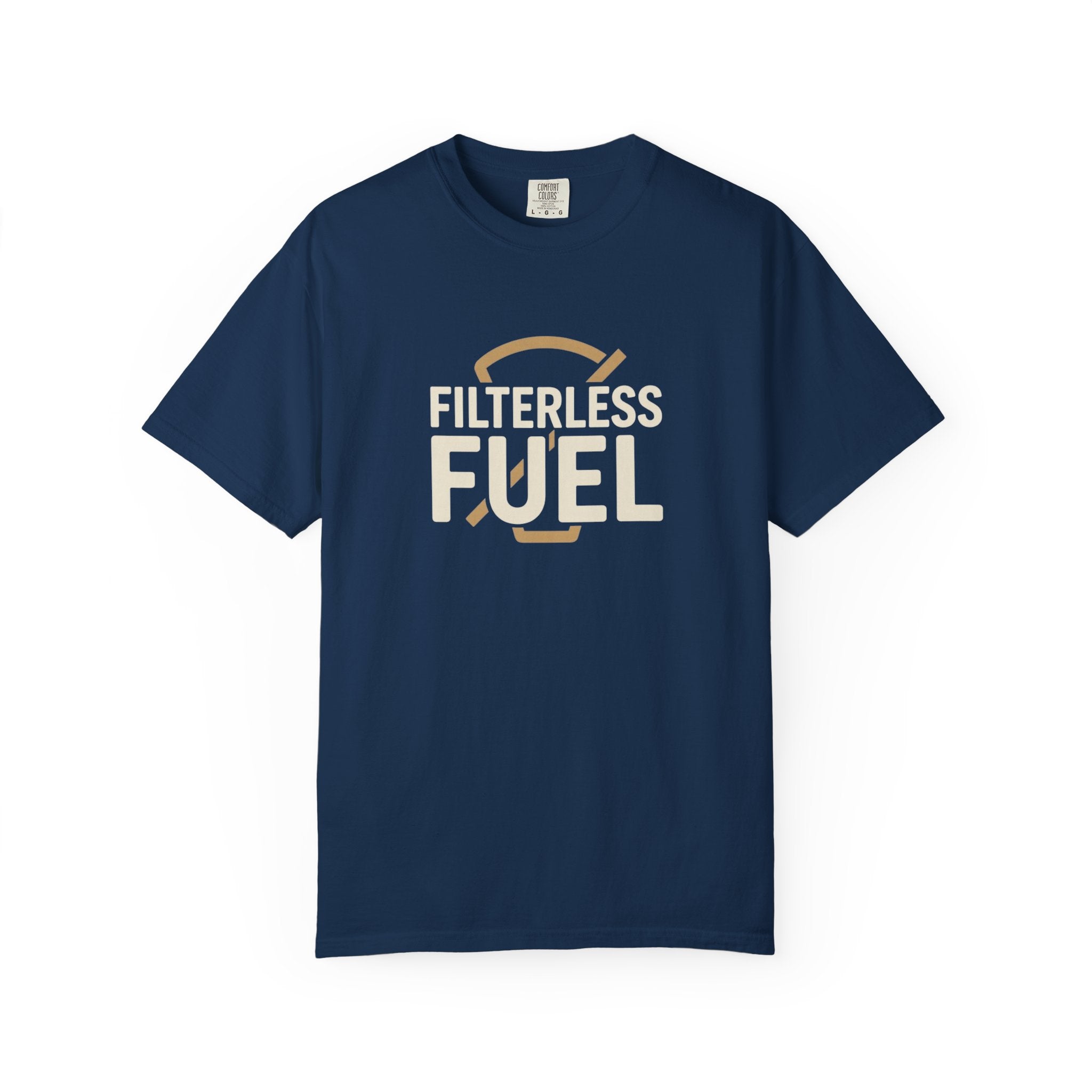 A navy blue cotton t-shirt featuring the text Filterless Fuel in a retro cream font.