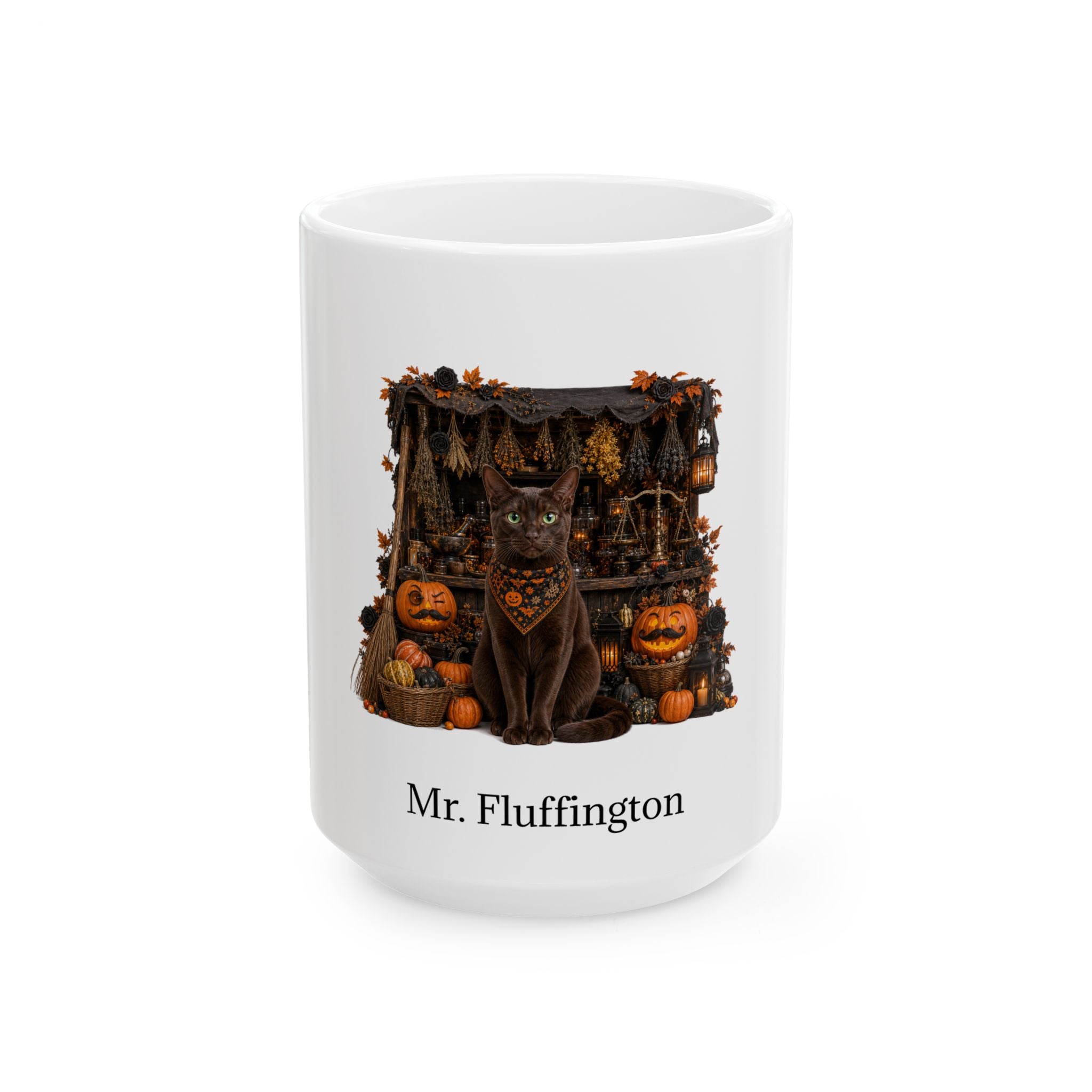 Personalized Havana Brown cat Halloween mug, 15oz white ceramic, with custom pet name on front