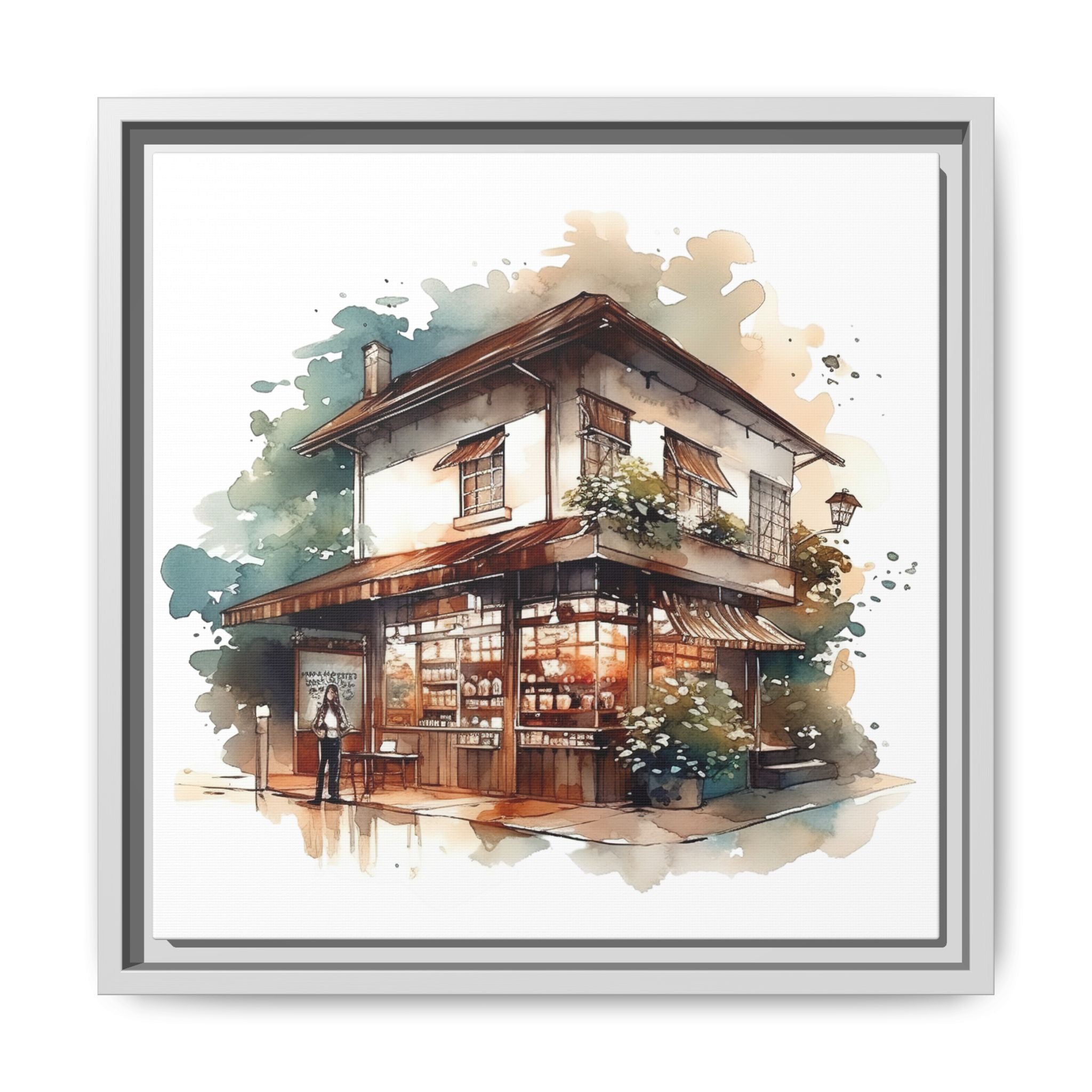Cozy Corner Cafe Watercolor Art – 14x14 Framed Matte Canvas Print