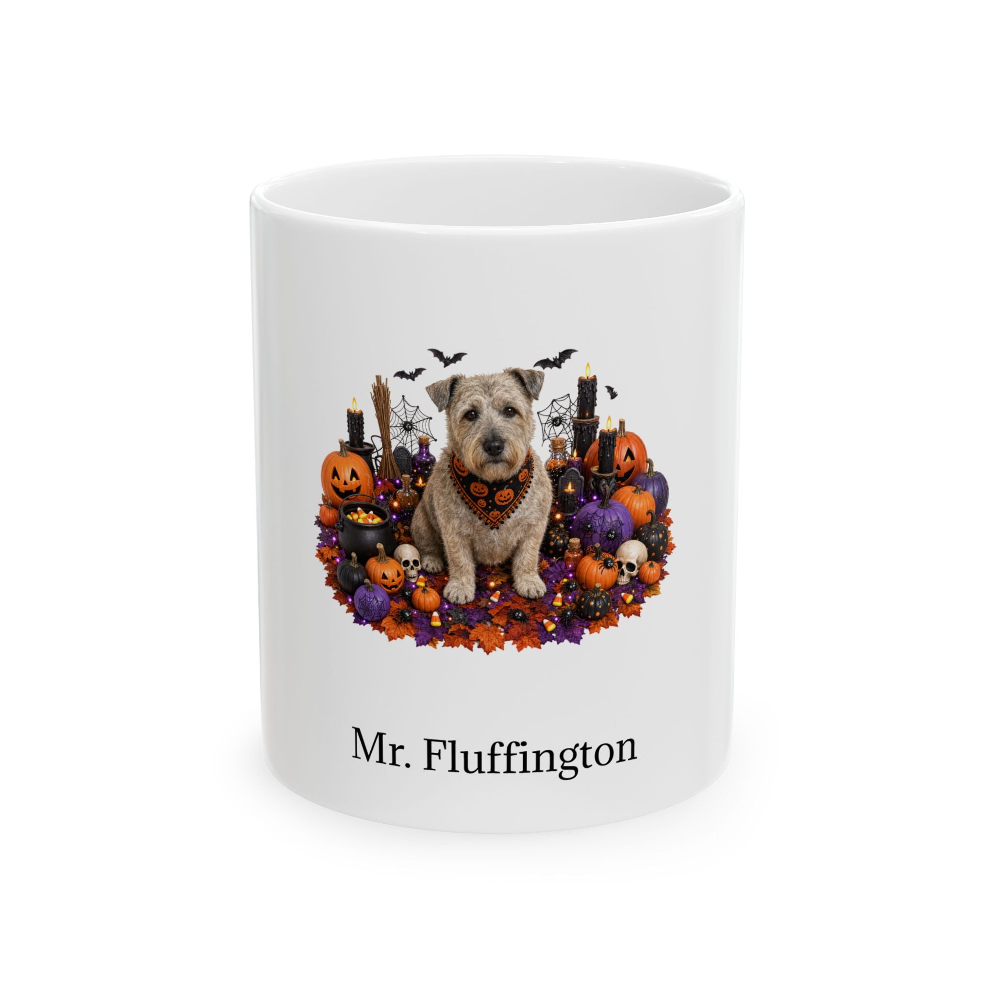 Personalized Glen of Imaal Terrier dog Halloween mug, 15oz white ceramic, with custom pet name on front