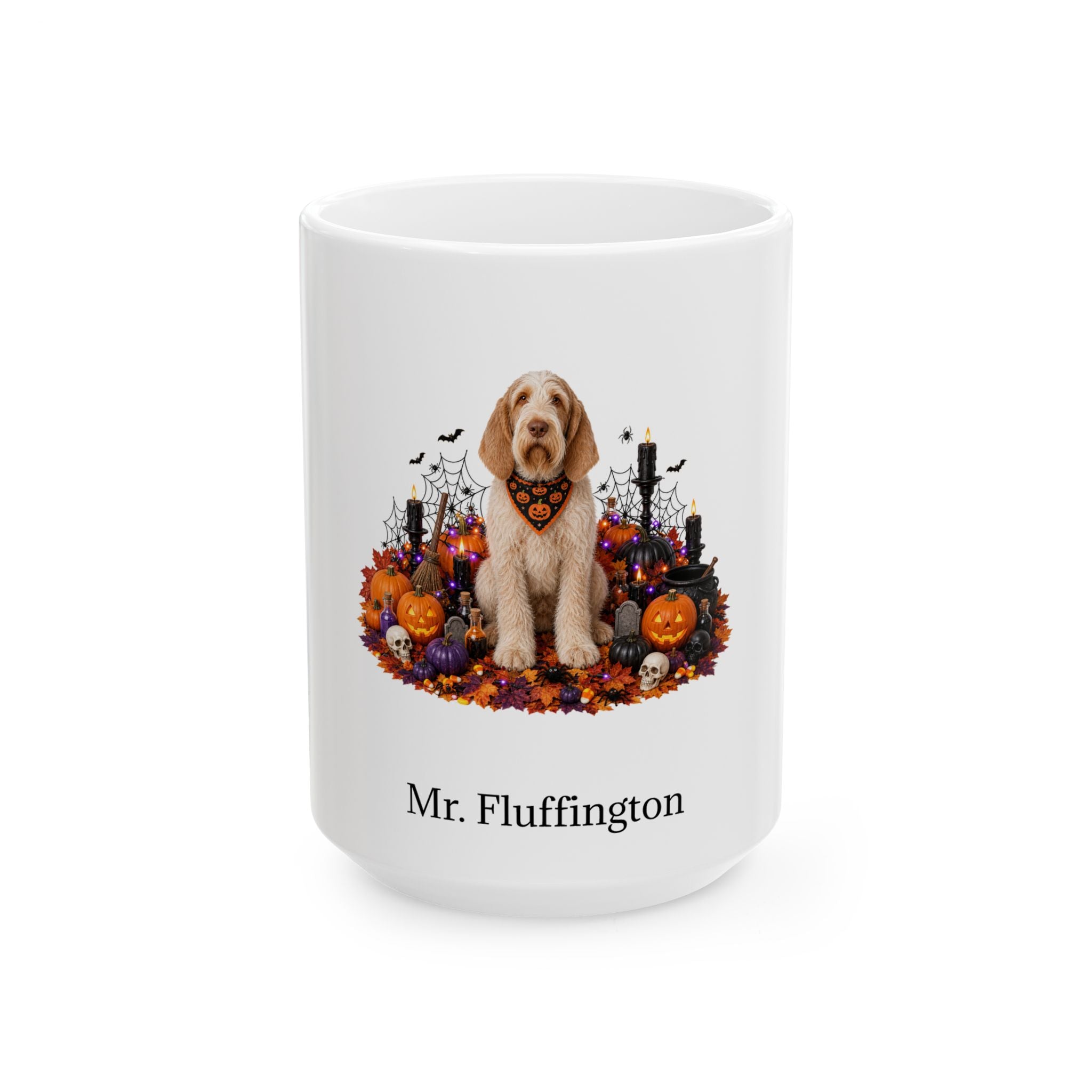 Personalized Spinone Italiano dog Halloween mug, 15oz white ceramic, with custom pet name on front