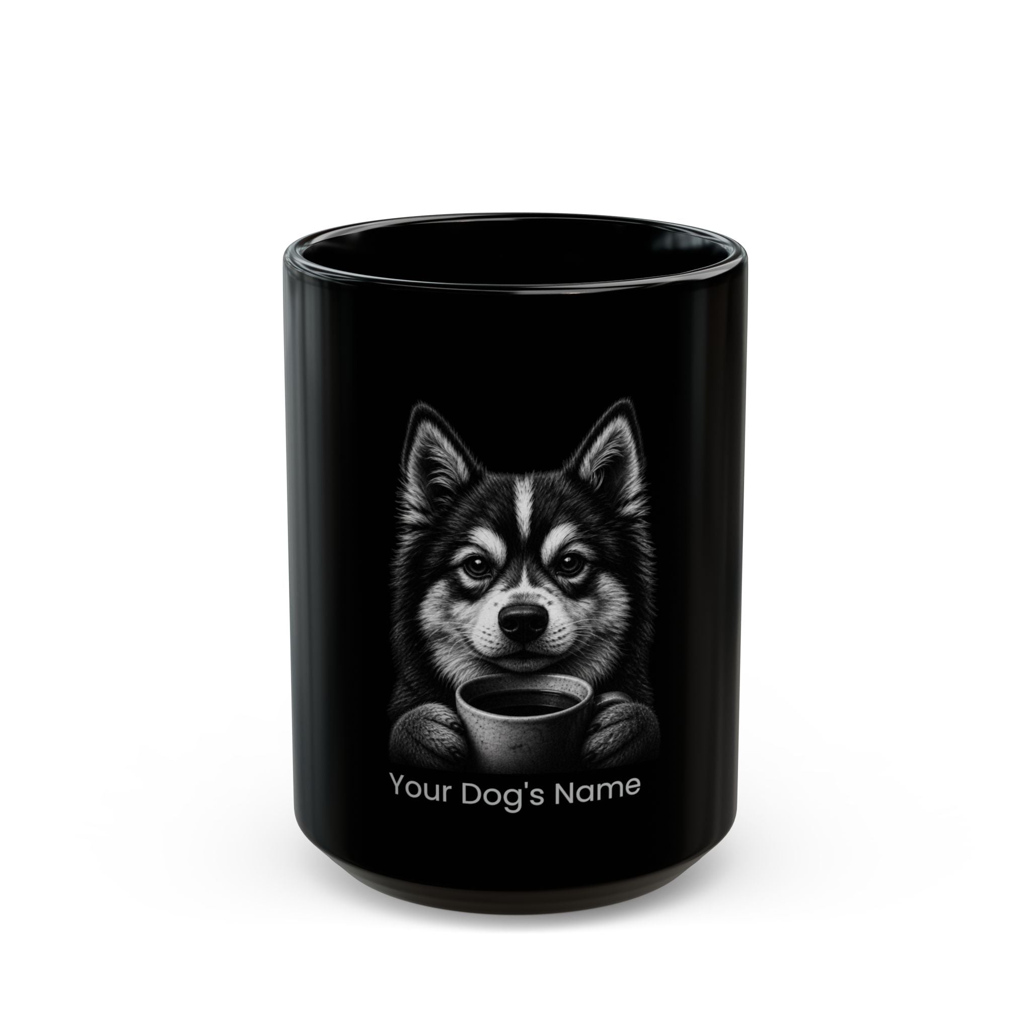 Personalized Pomsky black ceramic coffee mug with custom dog name