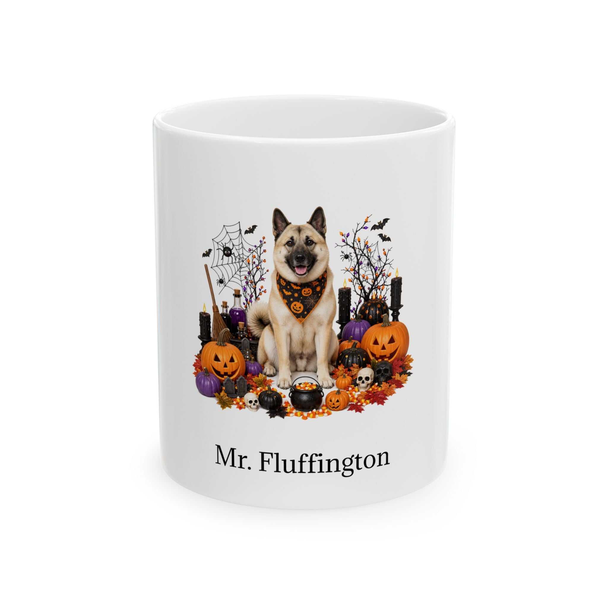 Personalized Norwegian Buhund dog Halloween mug, 11oz white ceramic, with custom pet name on front