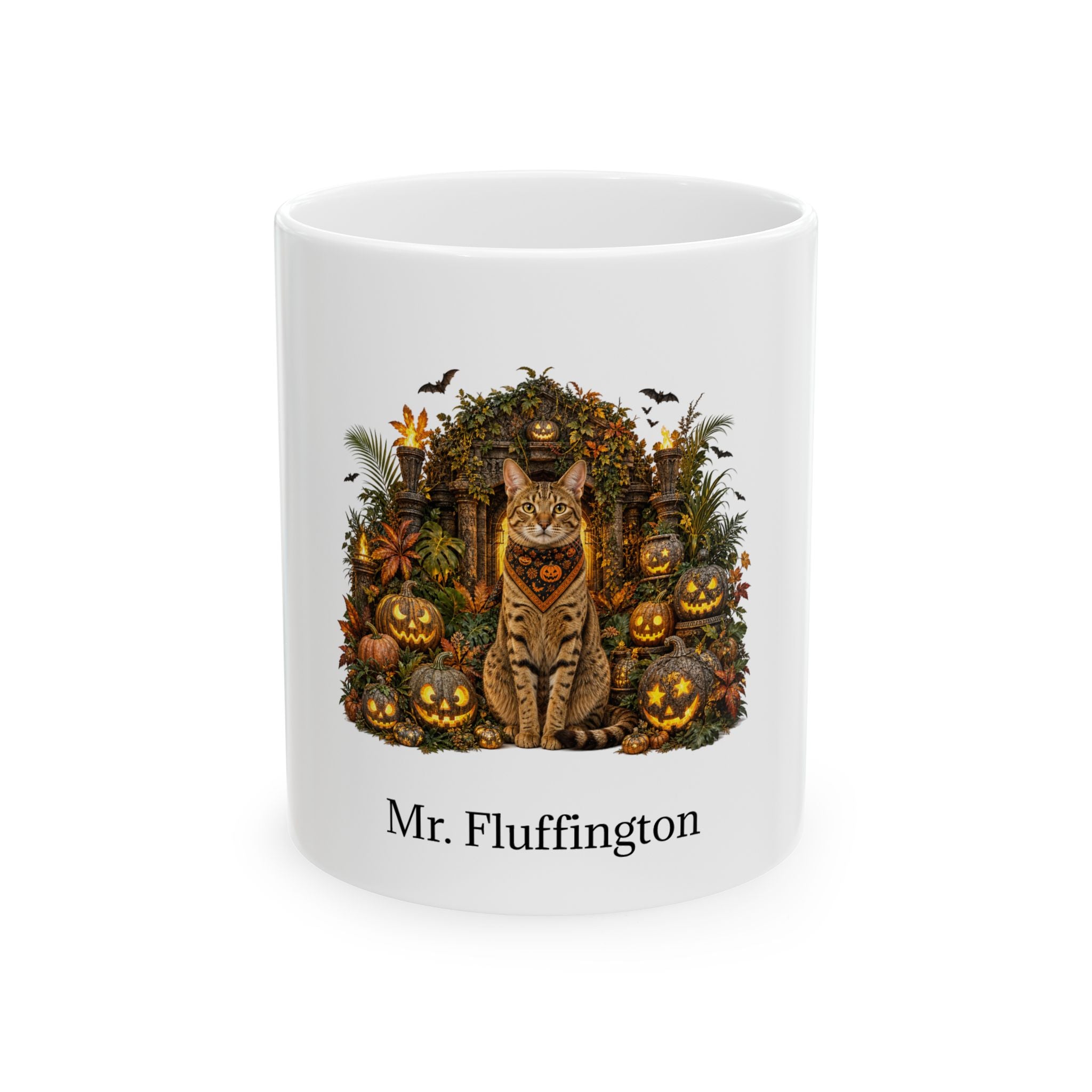 Personalized Ocicat cat Halloween mug, 11oz white ceramic, with custom pet name on front