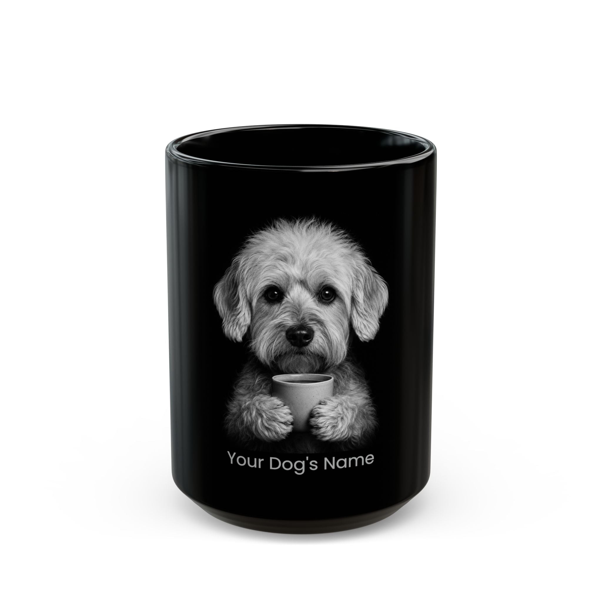 Personalized Dandie Dinmont Terrier black ceramic coffee mug with custom dog name