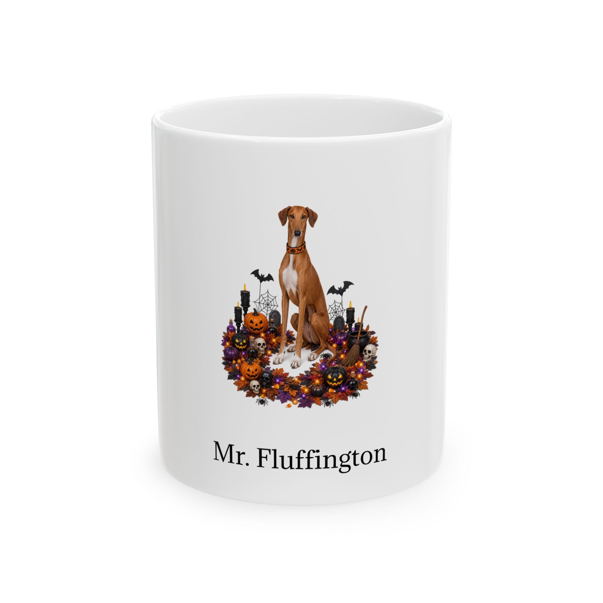 Personalized Azawakh dog Halloween mug, 11oz white ceramic, with custom pet name on front