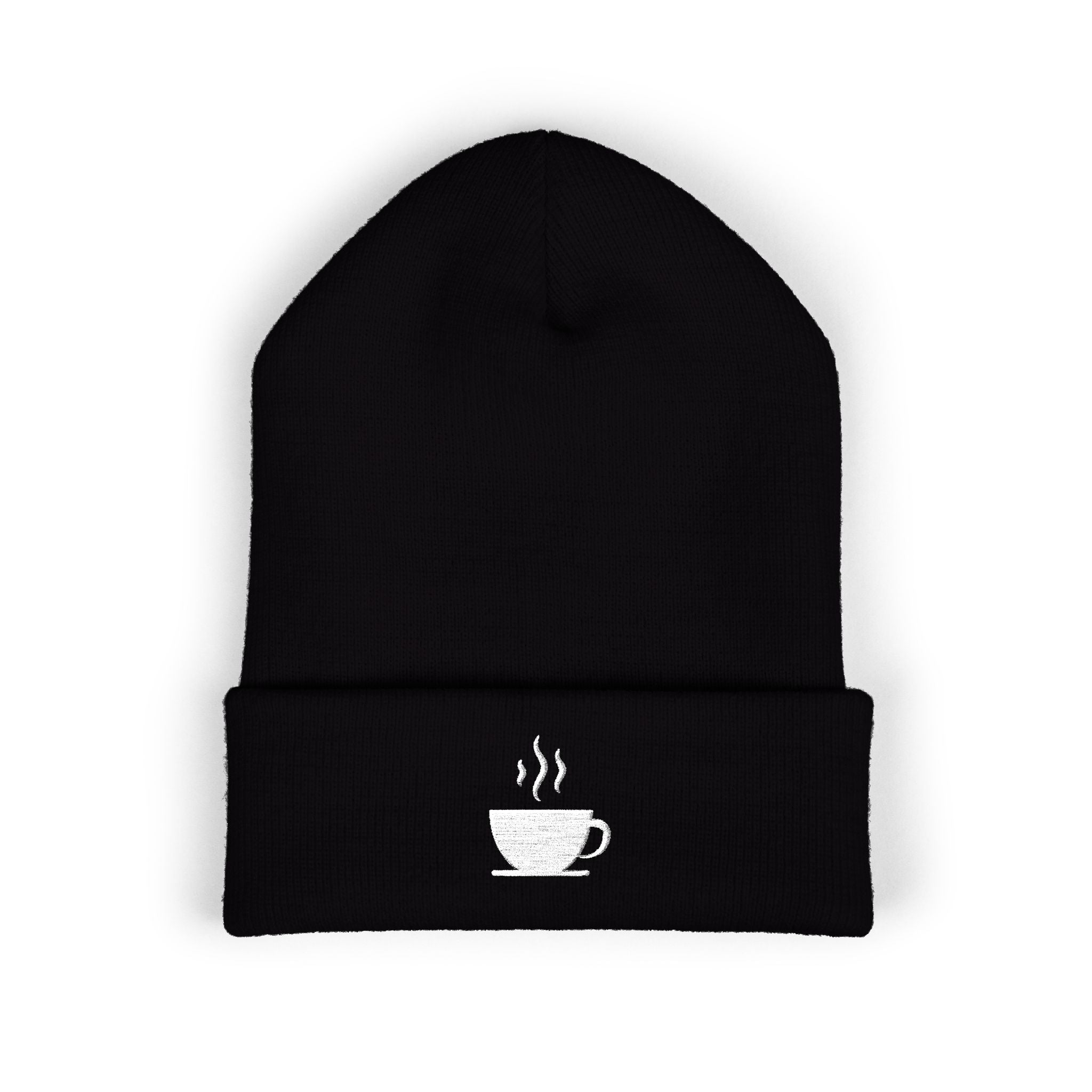 Black cuffed beanie with embroidered white coffee cup and steam.