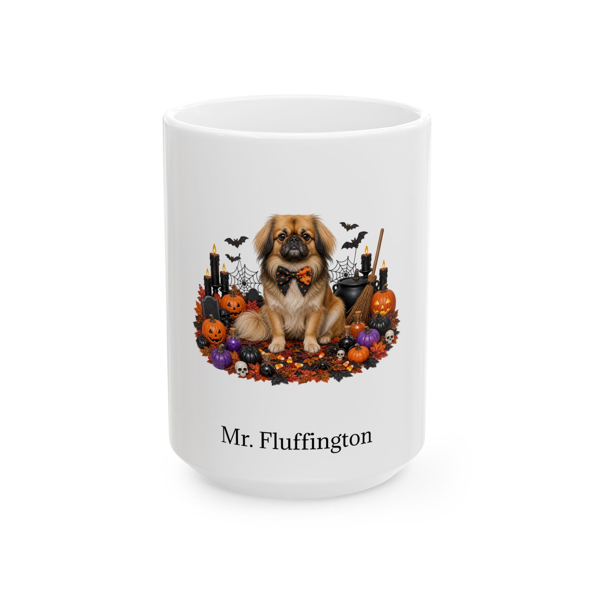 Personalized Tibetan Spaniel dog Halloween mug, 15oz white ceramic, with custom pet name on front