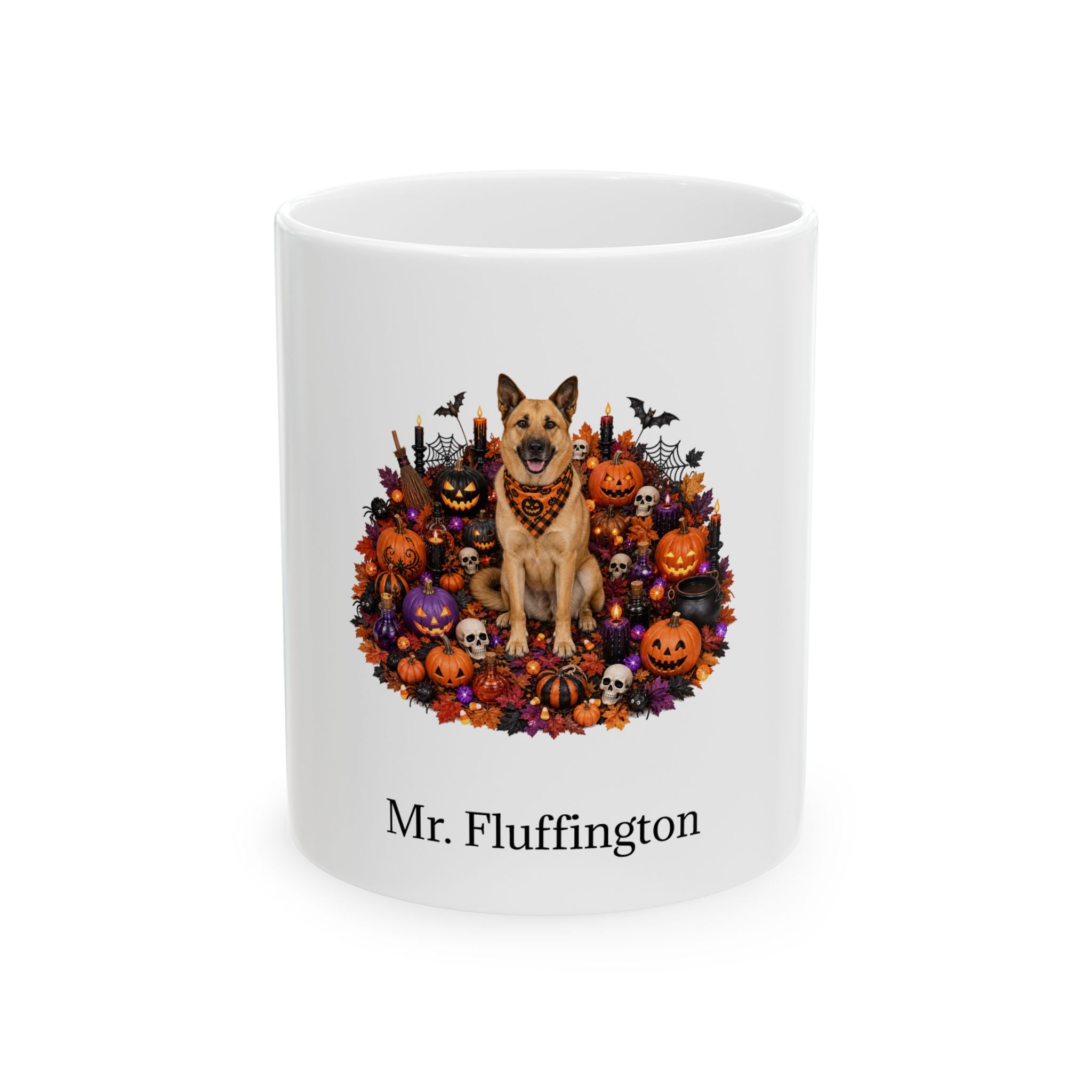 Personalized Chinook dog Halloween mug, 11oz white ceramic, with custom pet name on front
