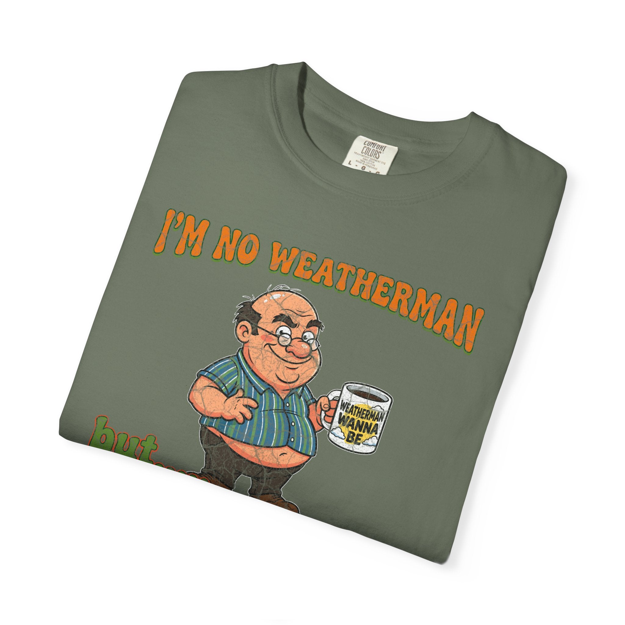 Olive green unisex cotton t-shirt featuring a distressed cartoon print of a man holding a mug.