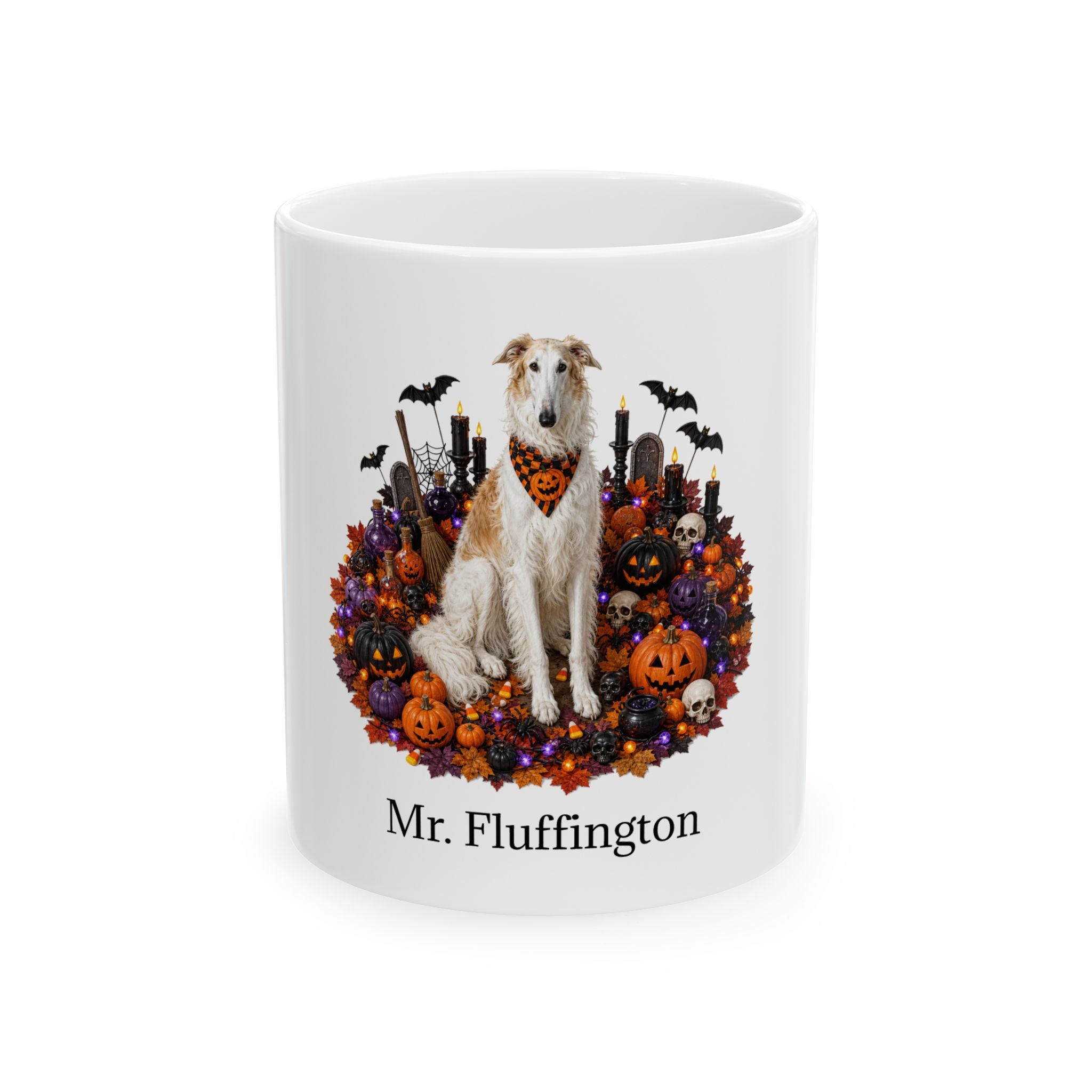 Personalized Borzoi dog ceramic coffee mug with Halloween artwork and custom name — image 2