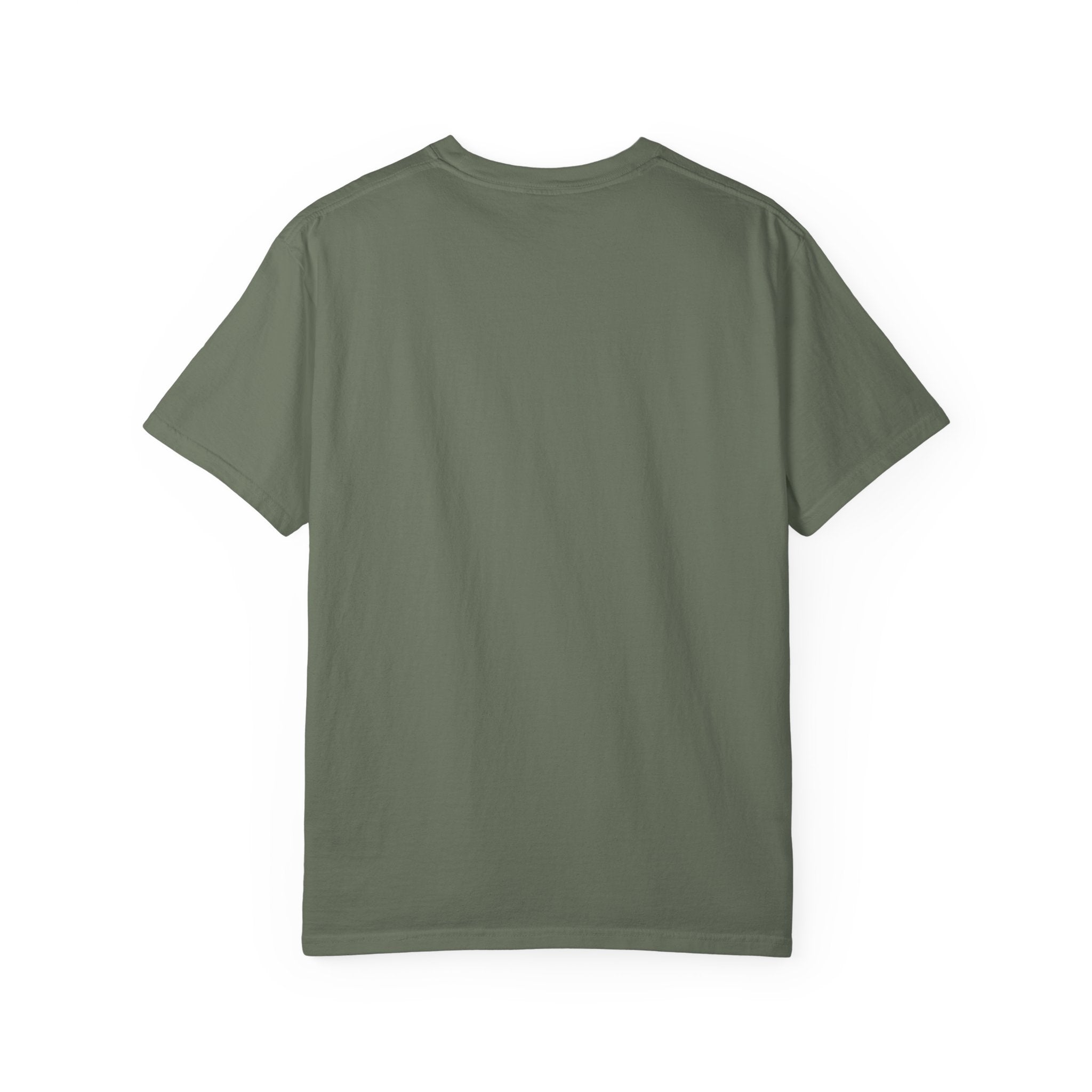Back view of a plain olive green crew neck t-shirt.