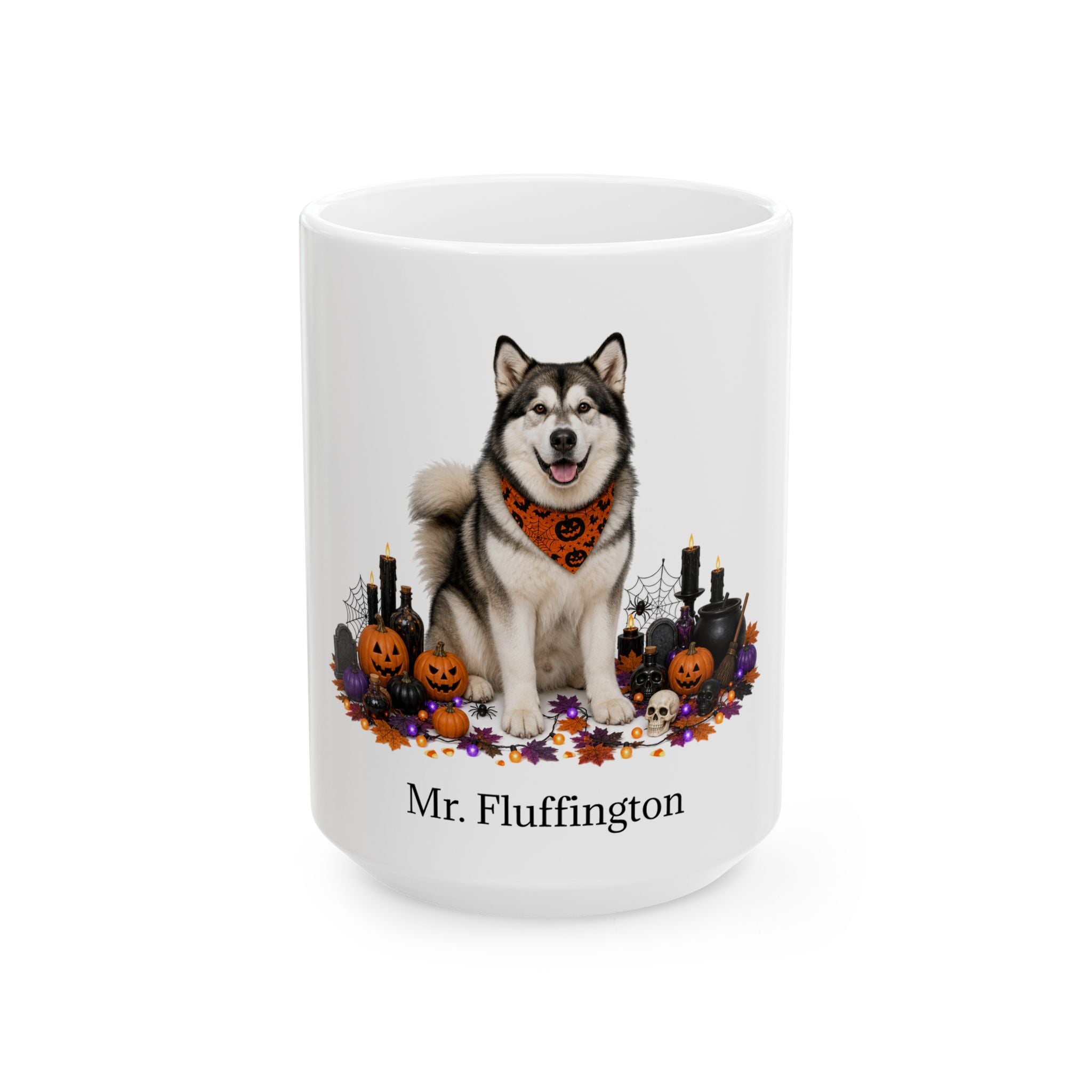Angled Malamute dog Halloween mug with personalized pet name and fall design — image 3