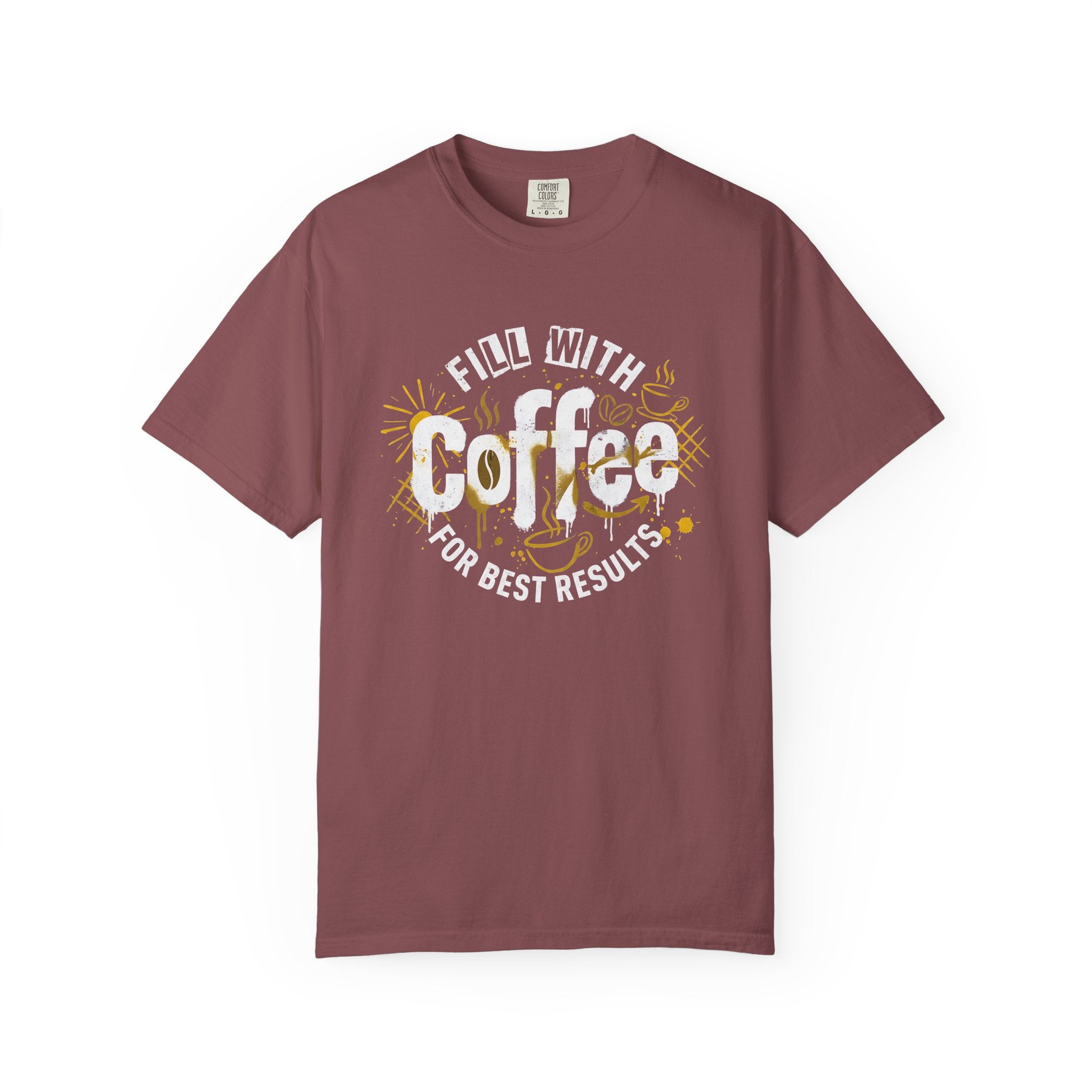 A maroon garment-dyed cotton t-shirt featuring a retro coffee-themed graphic on the chest.