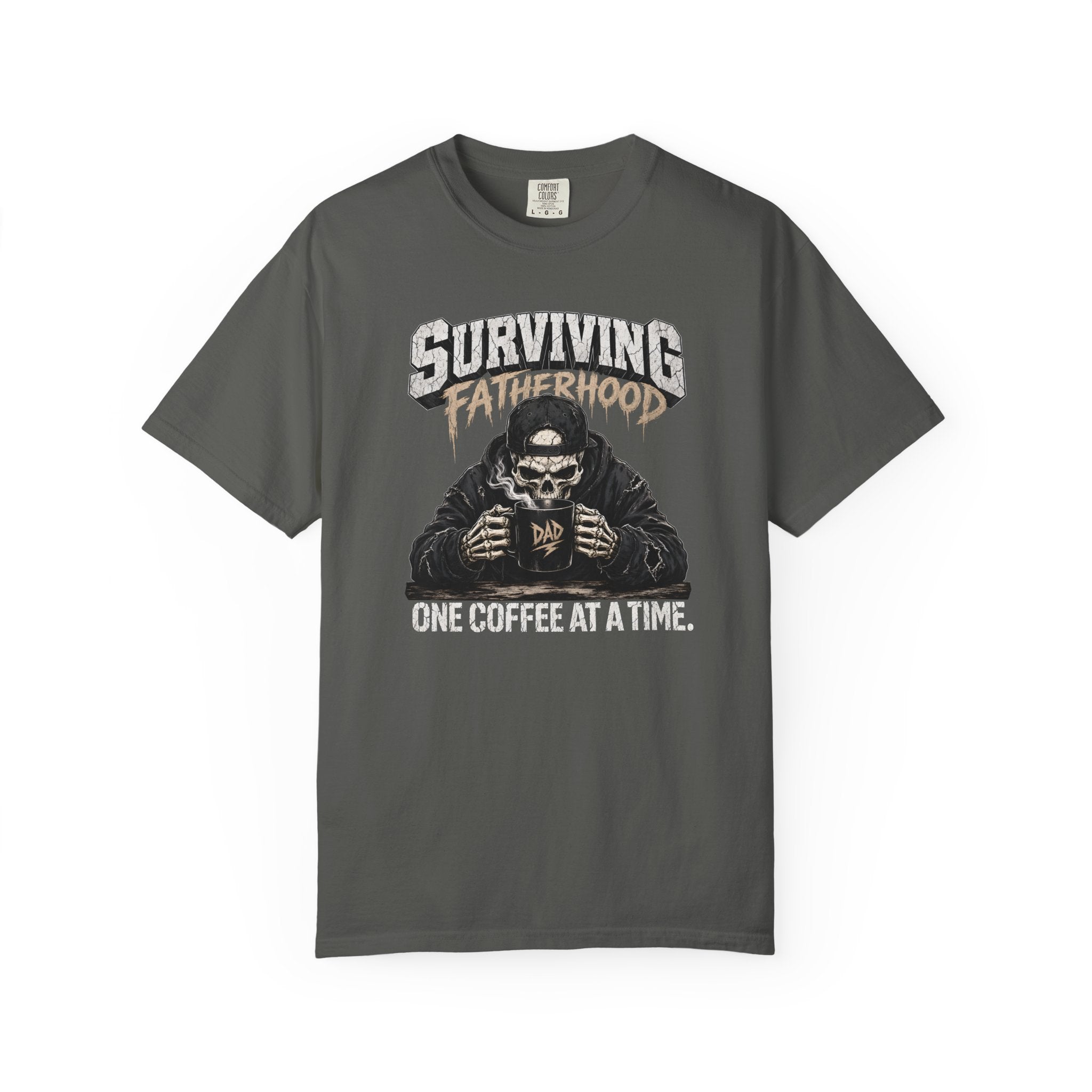 Charcoal grey Comfort Colors unisex t-shirt with a skeleton graphic drinking coffee.