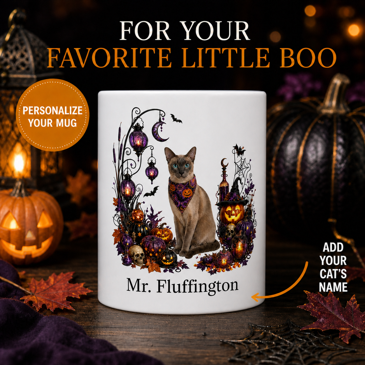 Personalized Tonkinese Cat Halloween Mug – Custom Pet Name Gift – front view with no handle