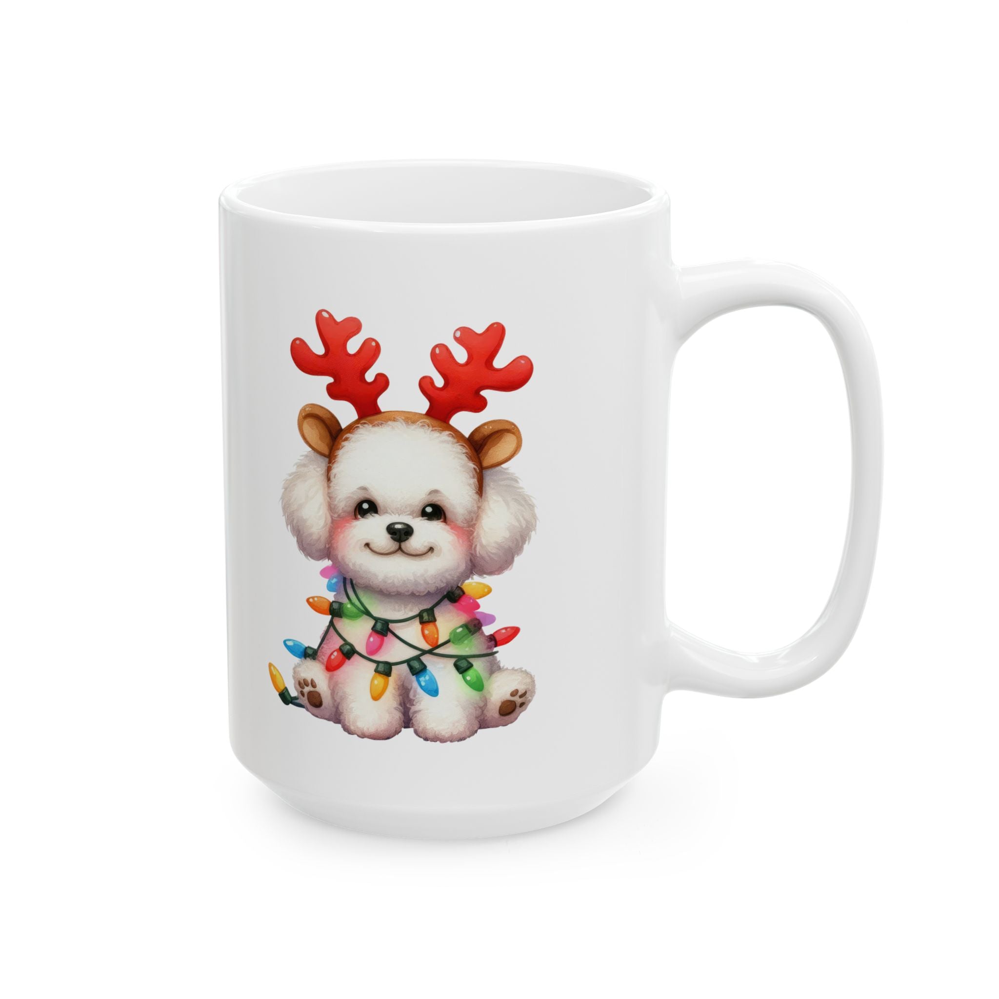 White ceramic mug with a cute Bichon Frise wearing reindeer antlers and tangled in Christmas lights.