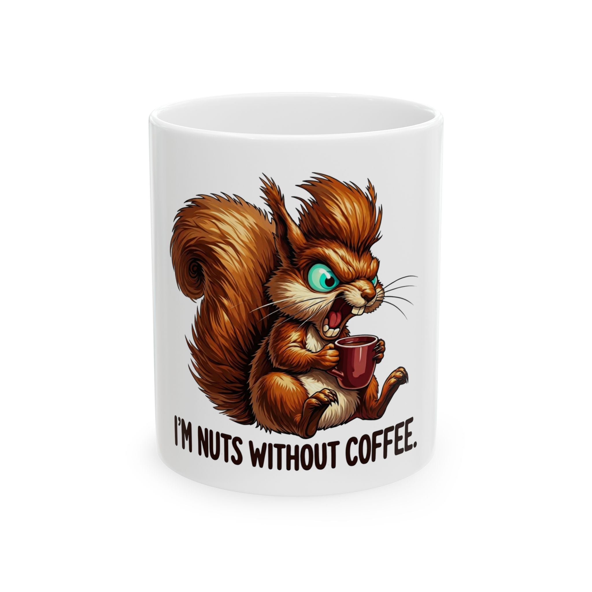 White coffee mug featuring an illustration of a frantic squirrel holding a small coffee cup.
