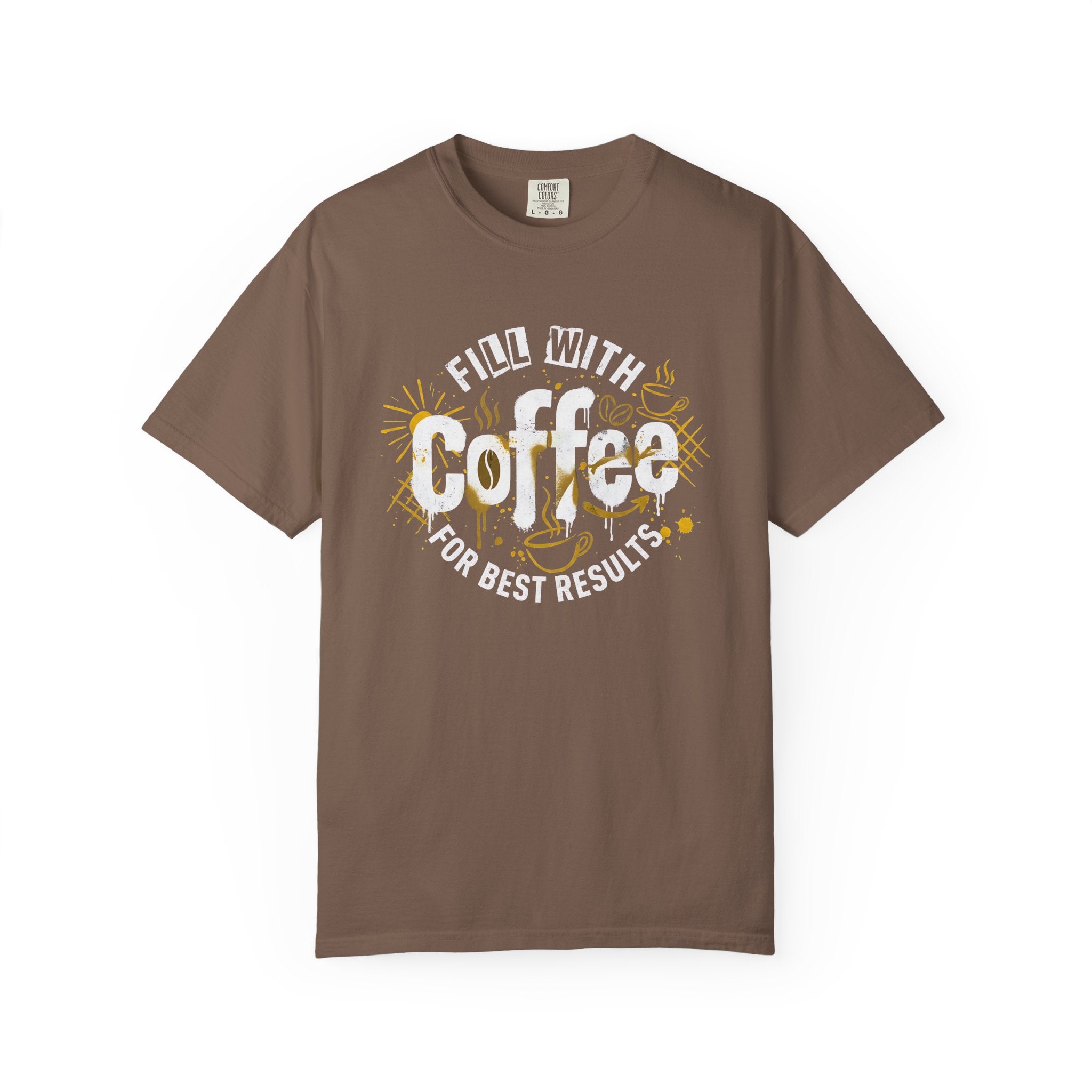 A brown garment-dyed cotton t-shirt featuring a retro coffee-themed graphic on the chest.