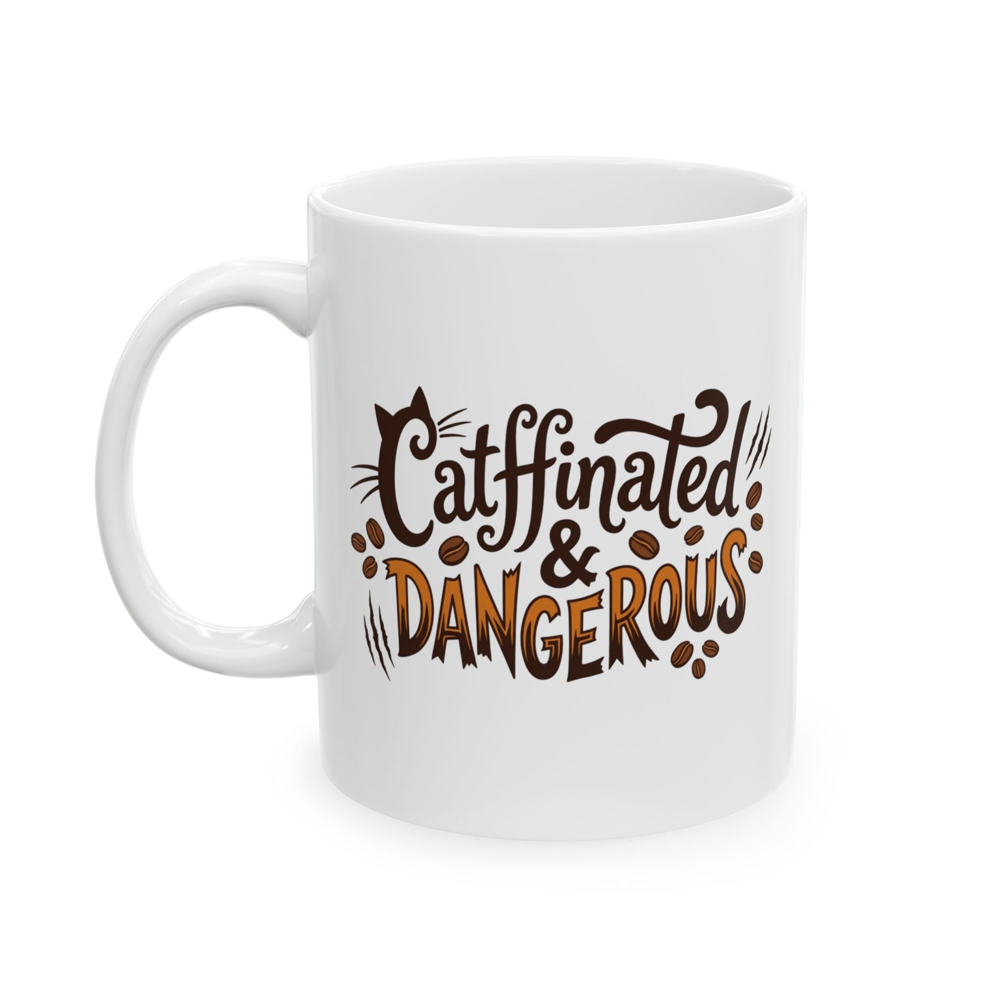 White ceramic coffee mug with the text Catffinated & Dangerous and coffee bean graphics.