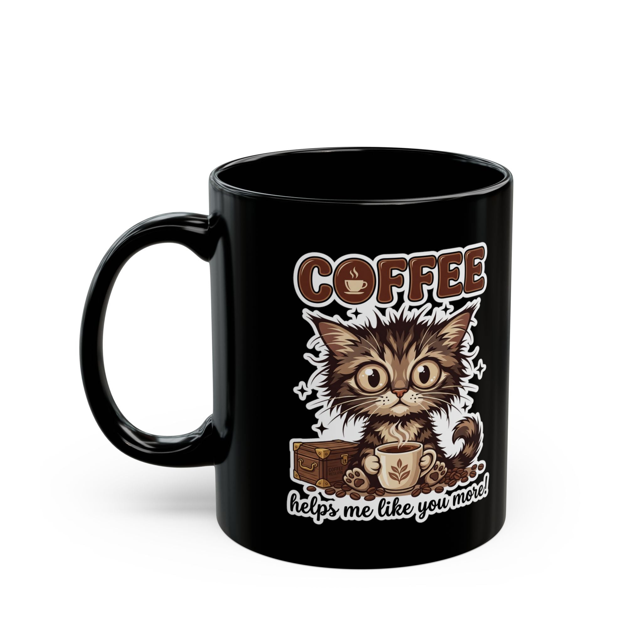 Black ceramic mug featuring a cute kitten illustration and the text Coffee helps me like you more.