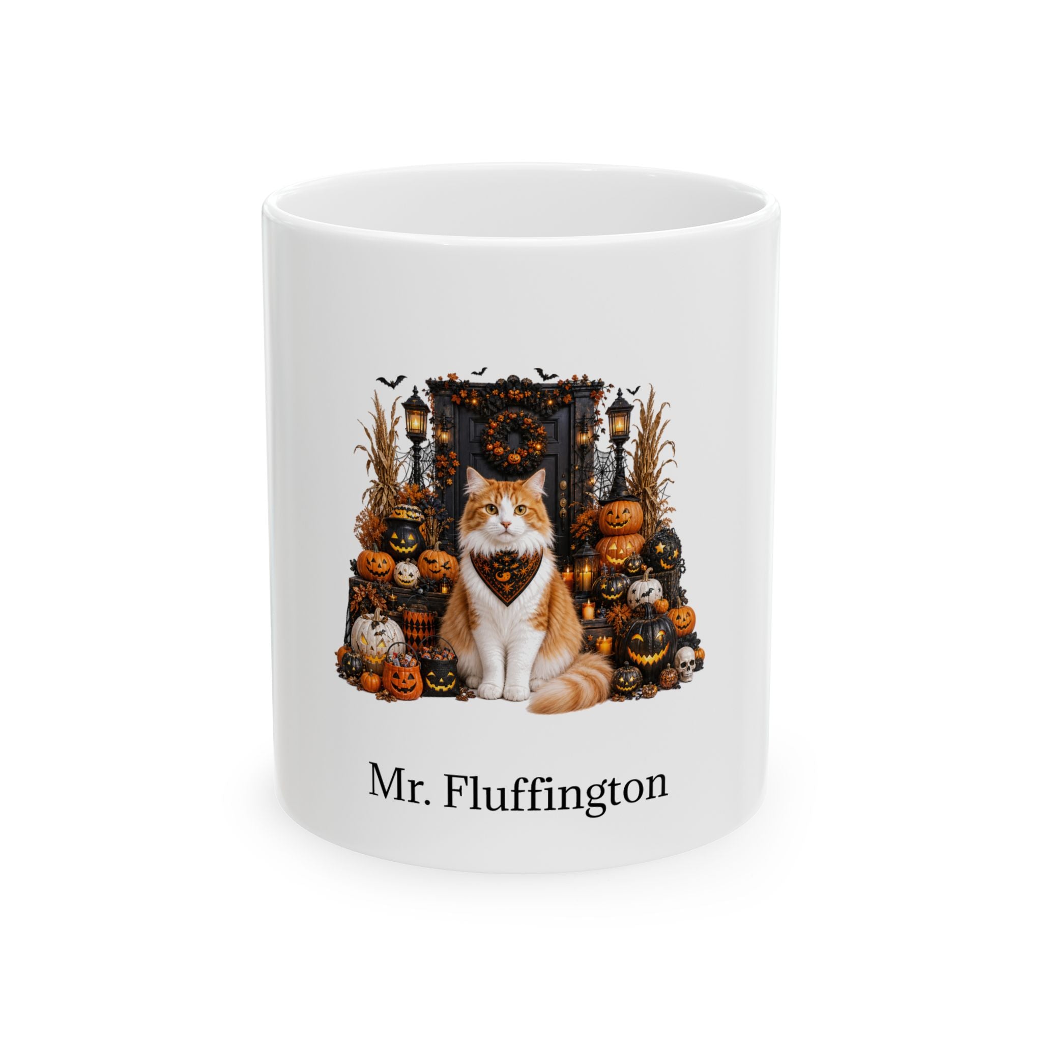 Personalized Domestic Longhair cat Halloween mug, 11oz white ceramic, with custom pet name on front