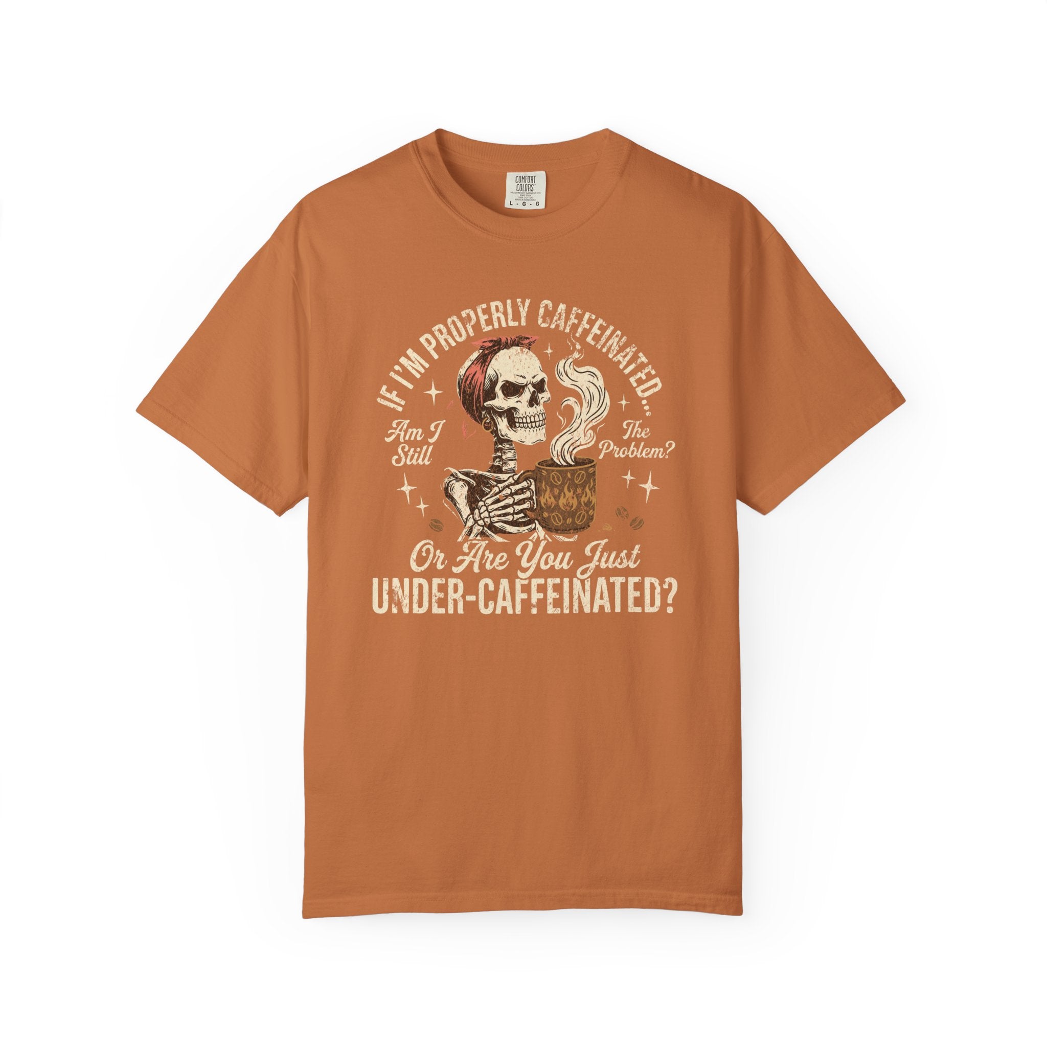 Rust-colored t-shirt with a distressed graphic of a skeleton holding a coffee mug.