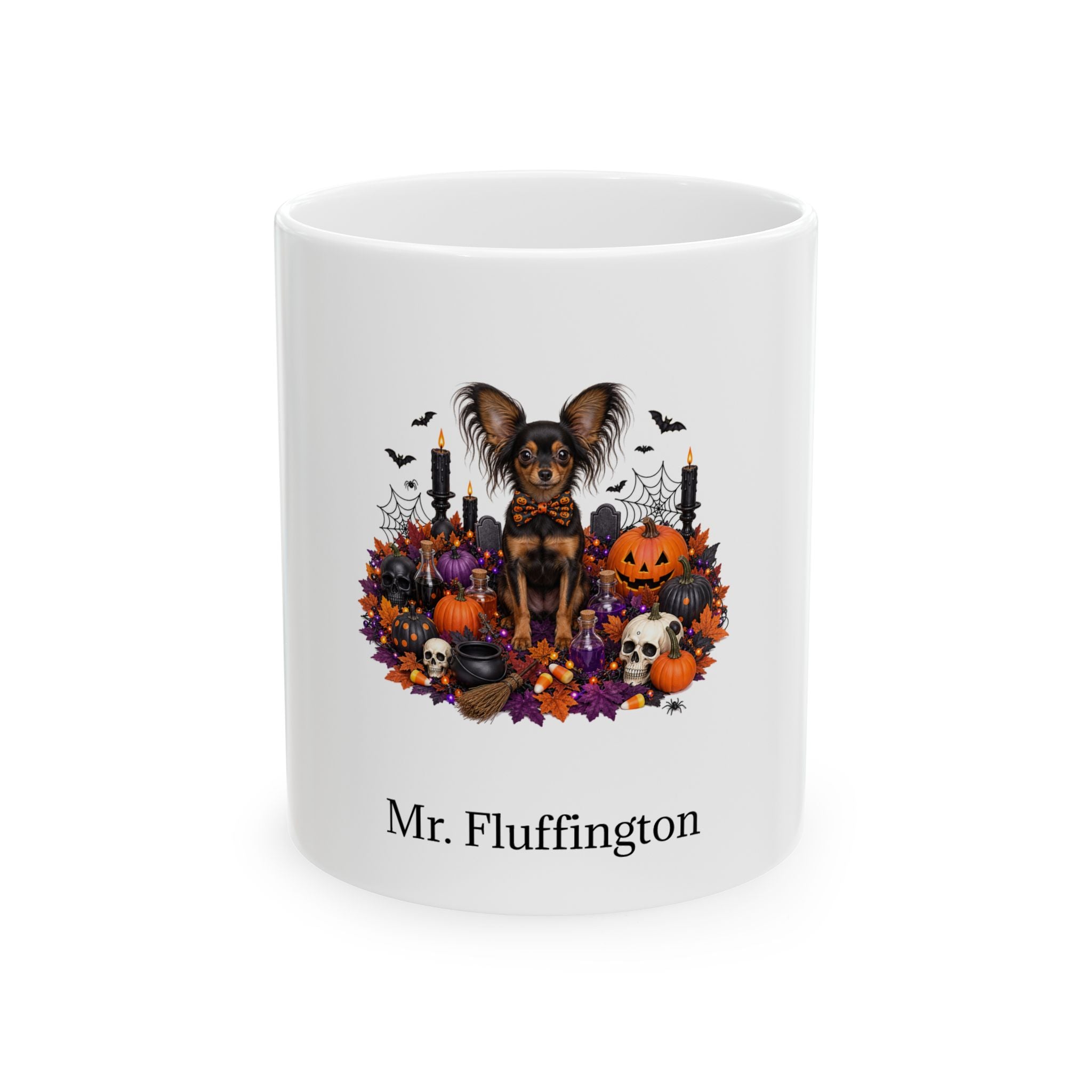 Personalized Russian Toy dog Halloween mug, 11oz white ceramic, with custom pet name on front