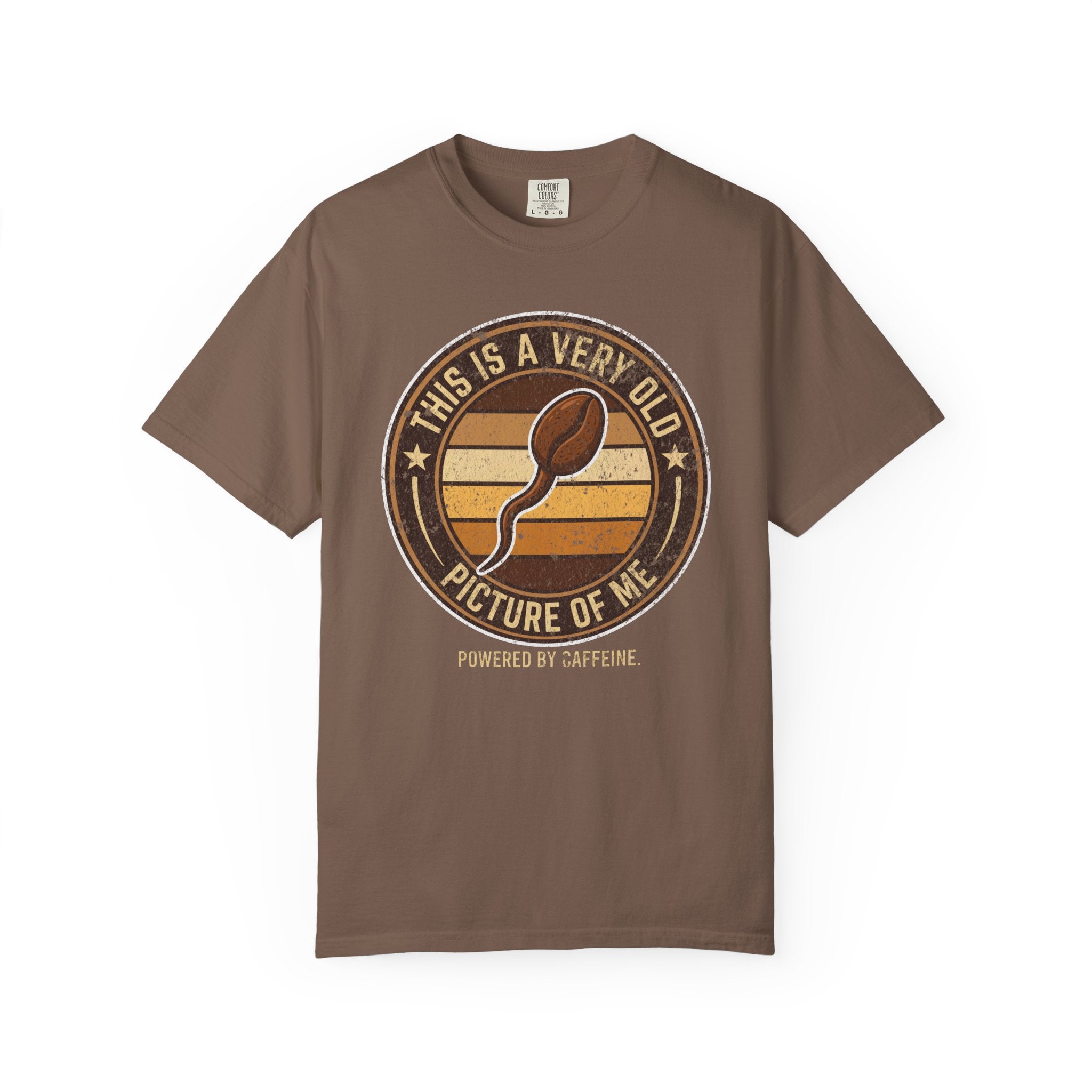 Brown t-shirt with a vintage-style graphic of a coffee bean shaped like a sperm cell.