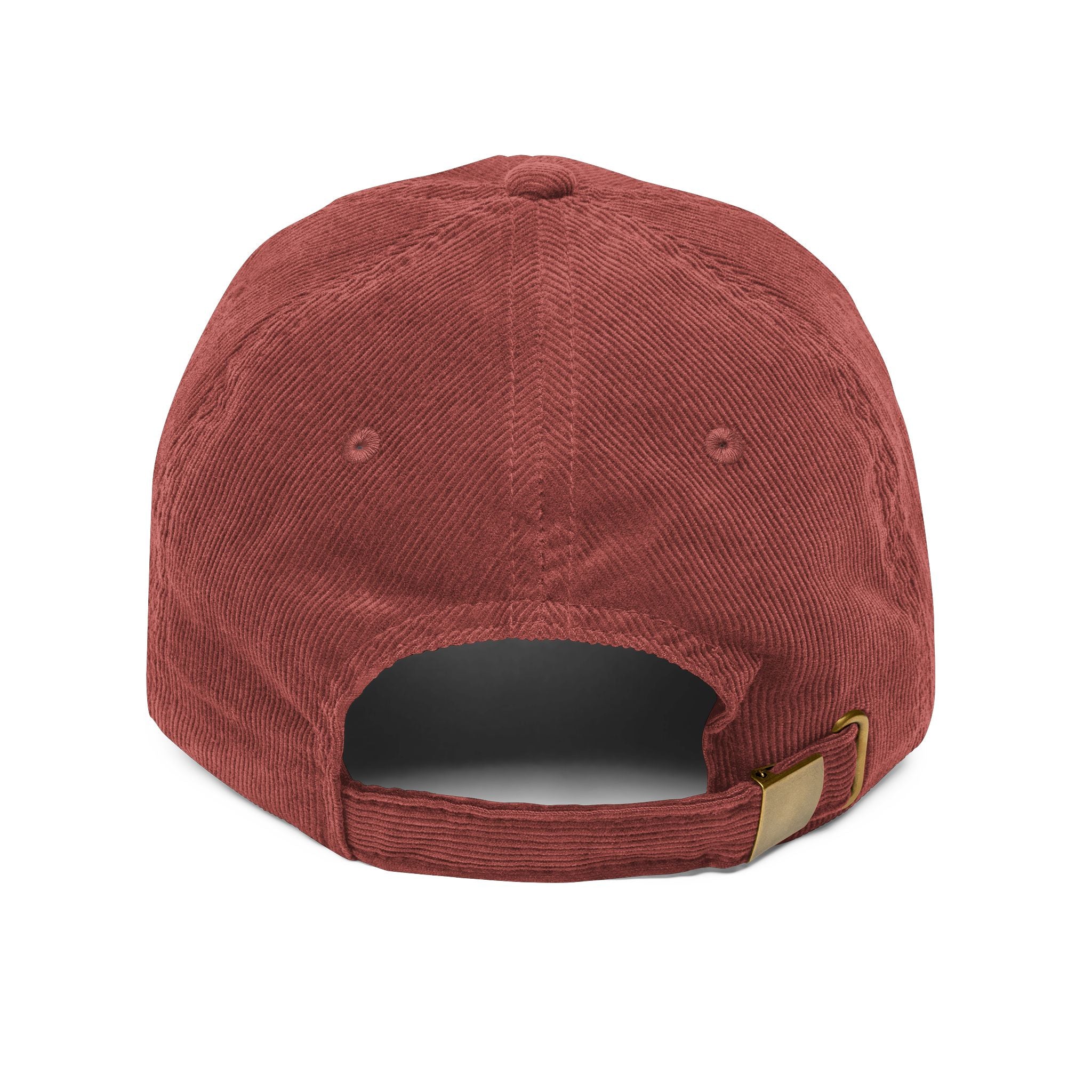 A back view of a rust-colored corduroy dad hat featuring an adjustable gold metal buckle strap.