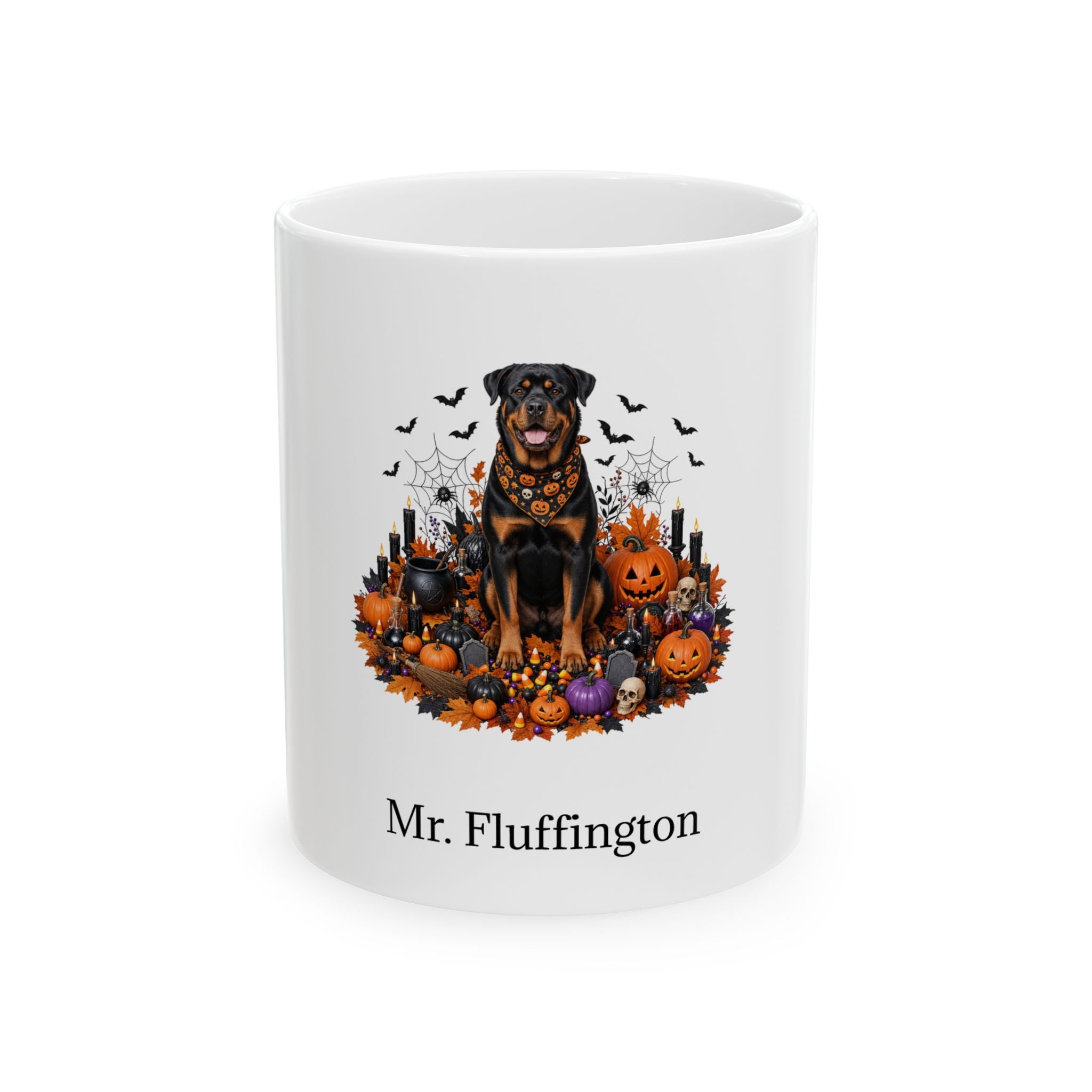 Personalized Rottweiler dog Halloween mug, 11oz white ceramic, with custom pet name on front