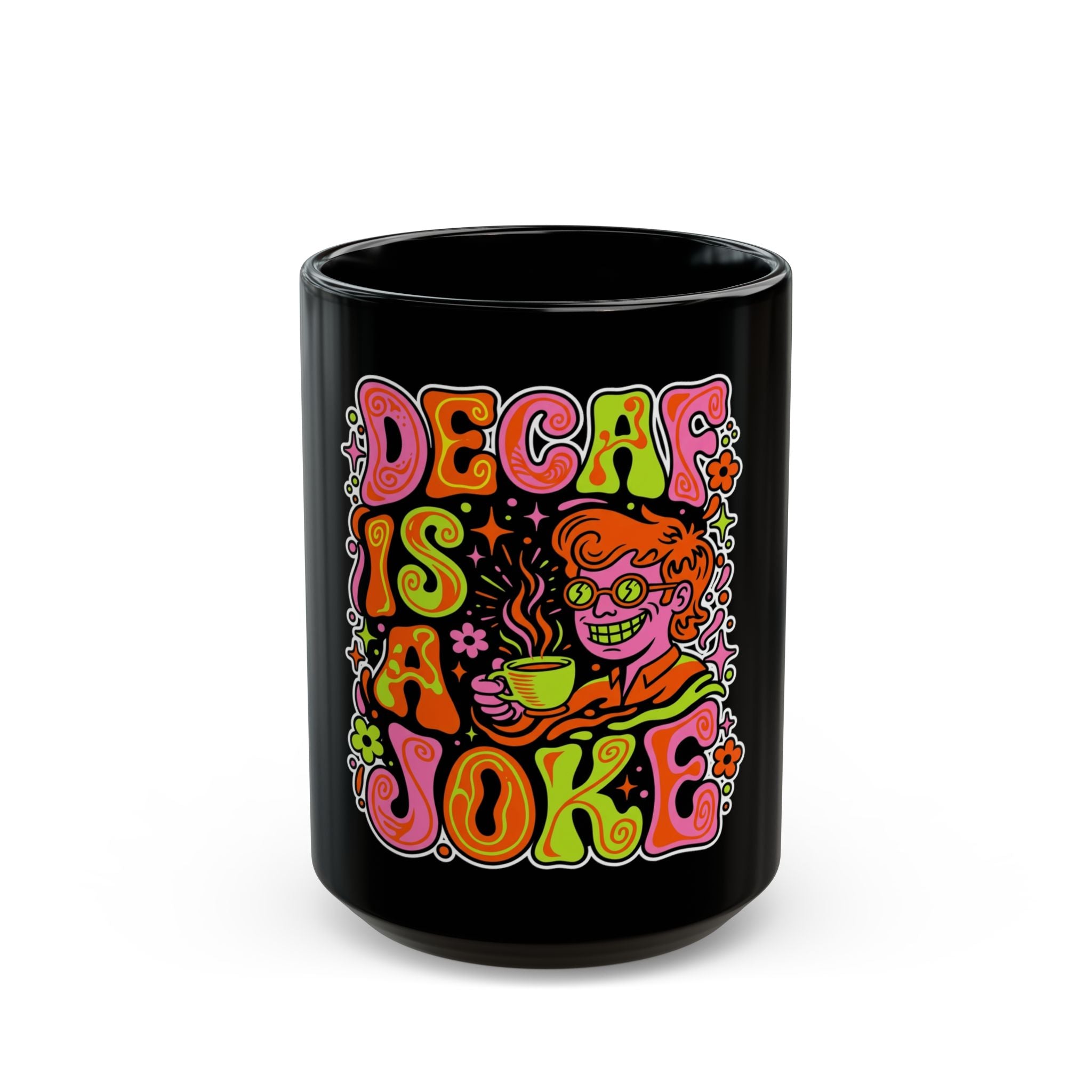 Black ceramic coffee mug featuring a retro psychedelic design with the text Decaf Is a Joke.