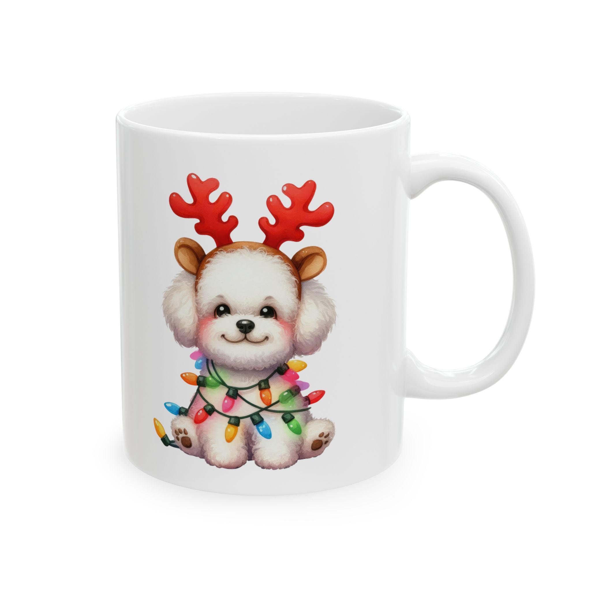 White ceramic mug with a cute Bichon Frise wearing reindeer antlers and Christmas lights.