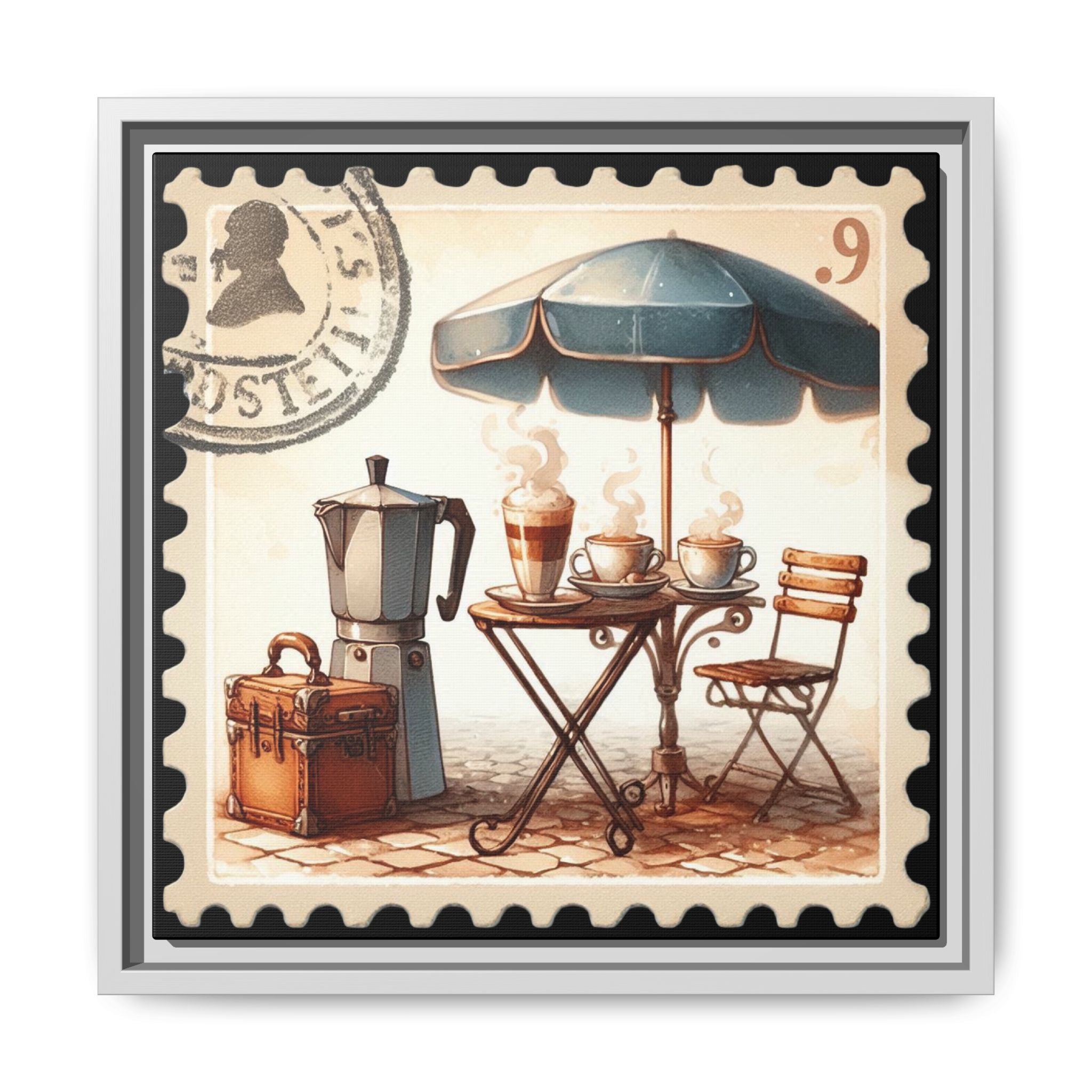 Vintage Coffee Stamp Framed Canvas Wall Art - 14x14 Cafe Decor