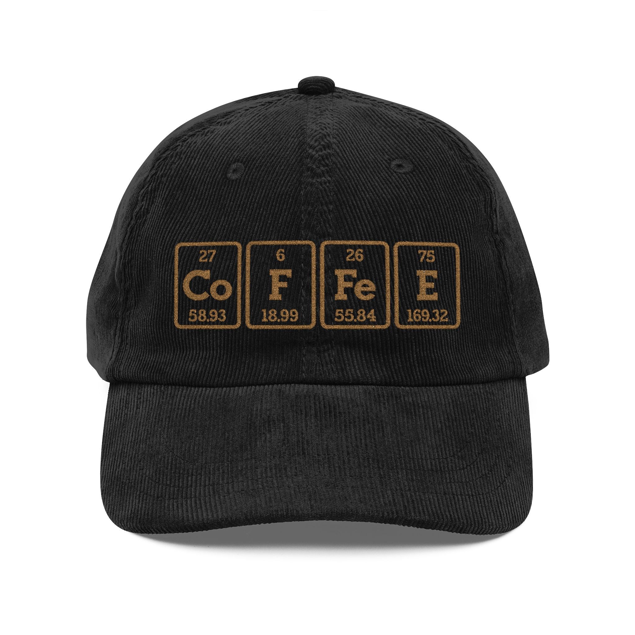 A black corduroy baseball cap featuring an embroidered periodic table design spelling Coffee.