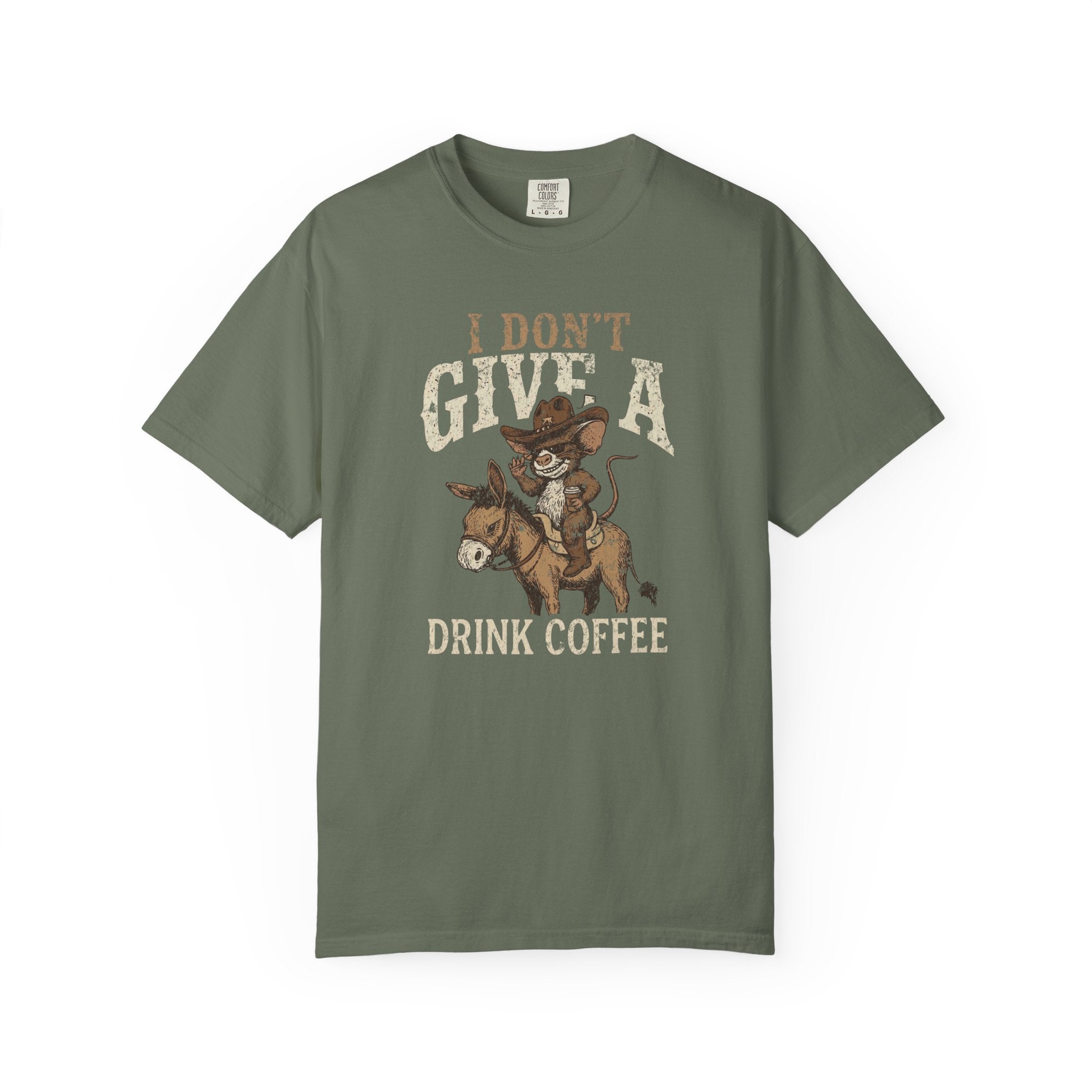 Olive green t-shirt with a distressed graphic of a cowboy rat riding a donkey holding coffee.