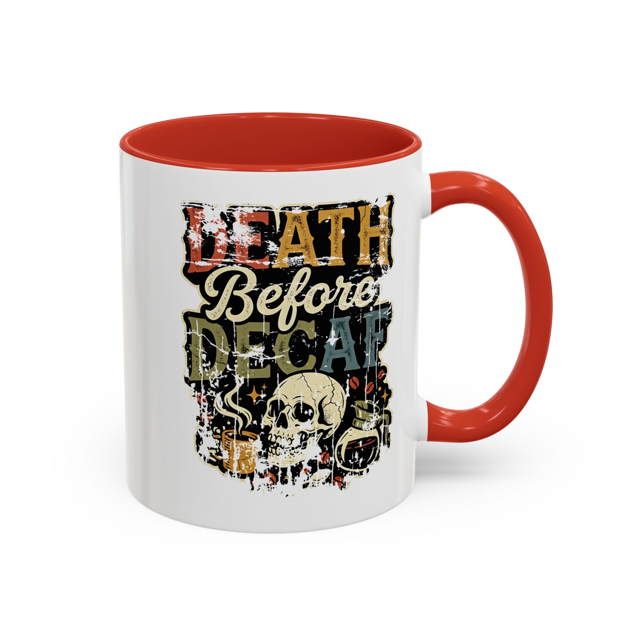 White ceramic coffee mug with a red handle and a retro skull graphic reading Death Before Decaf.