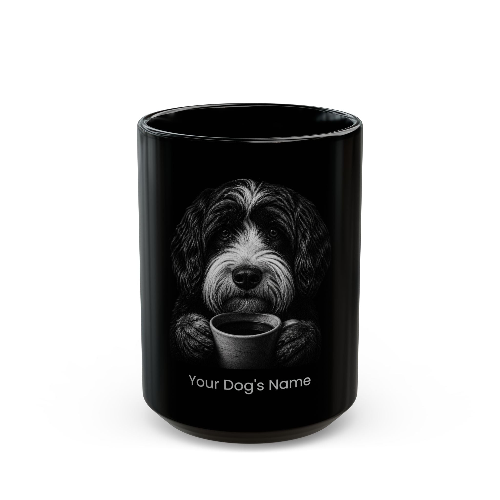 Personalized Schapendoes black ceramic coffee mug with custom dog name
